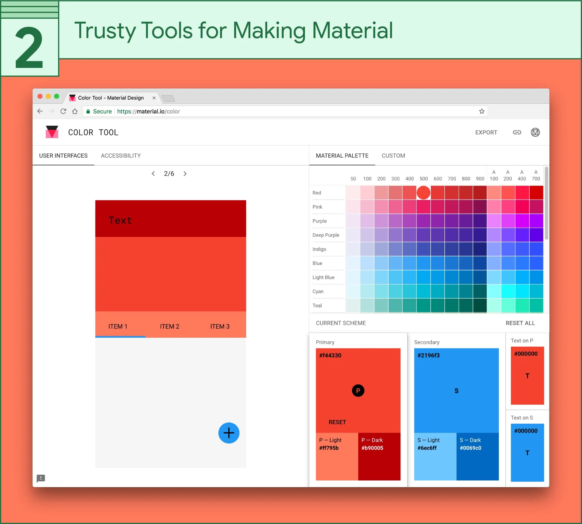 Material.io's Color Tool showing a red primary and blue secondary color scheme, with light and dark variations.