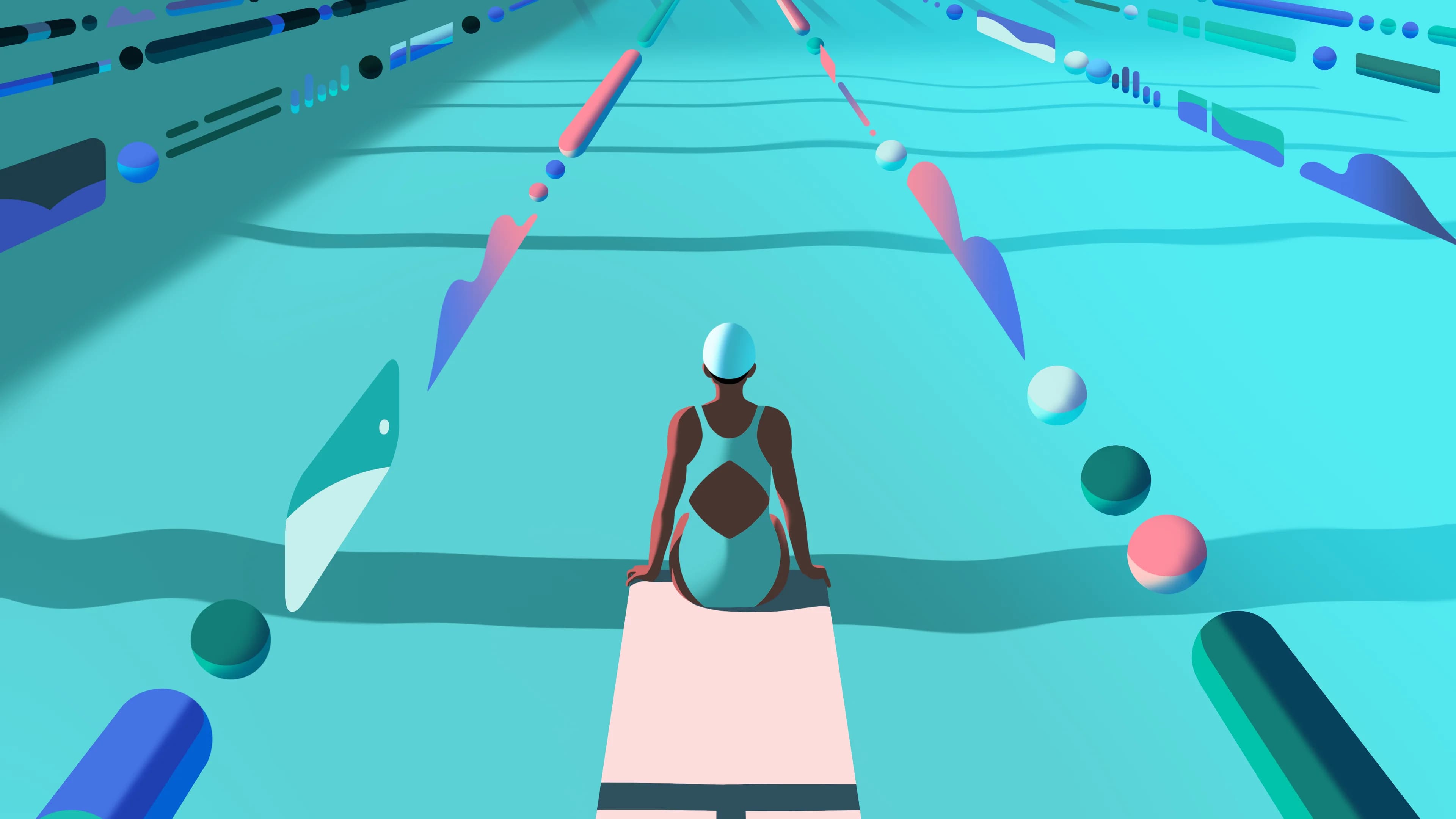 Swimmer sits on diving board at the edge of turquoise pool.