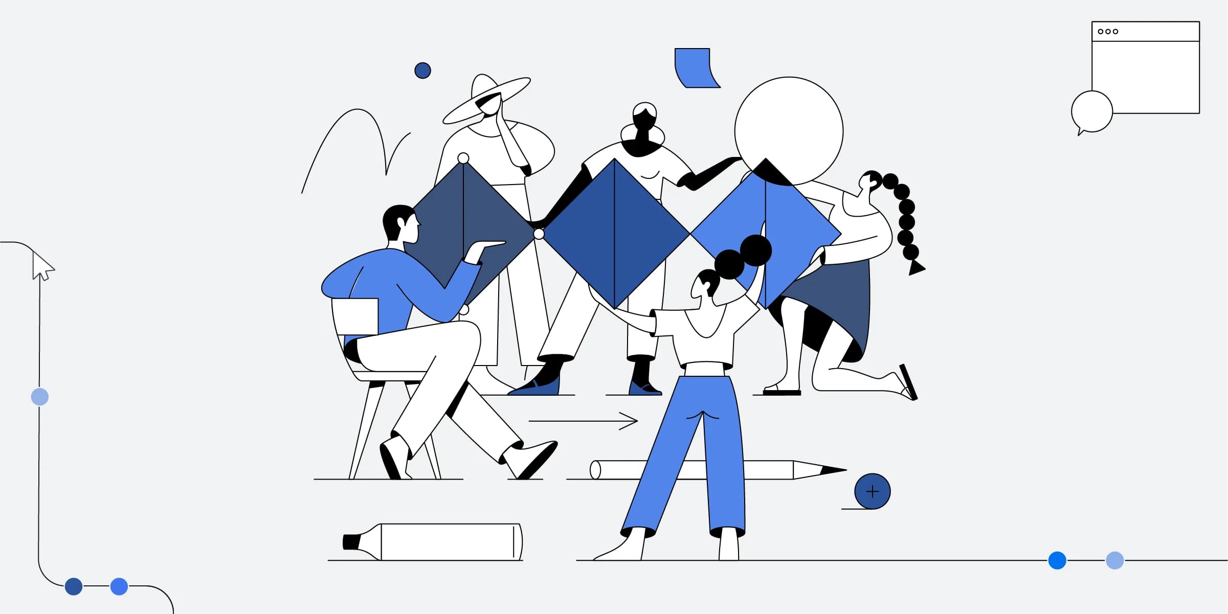 A diverse team collaborates on a project, connecting geometric shapes.