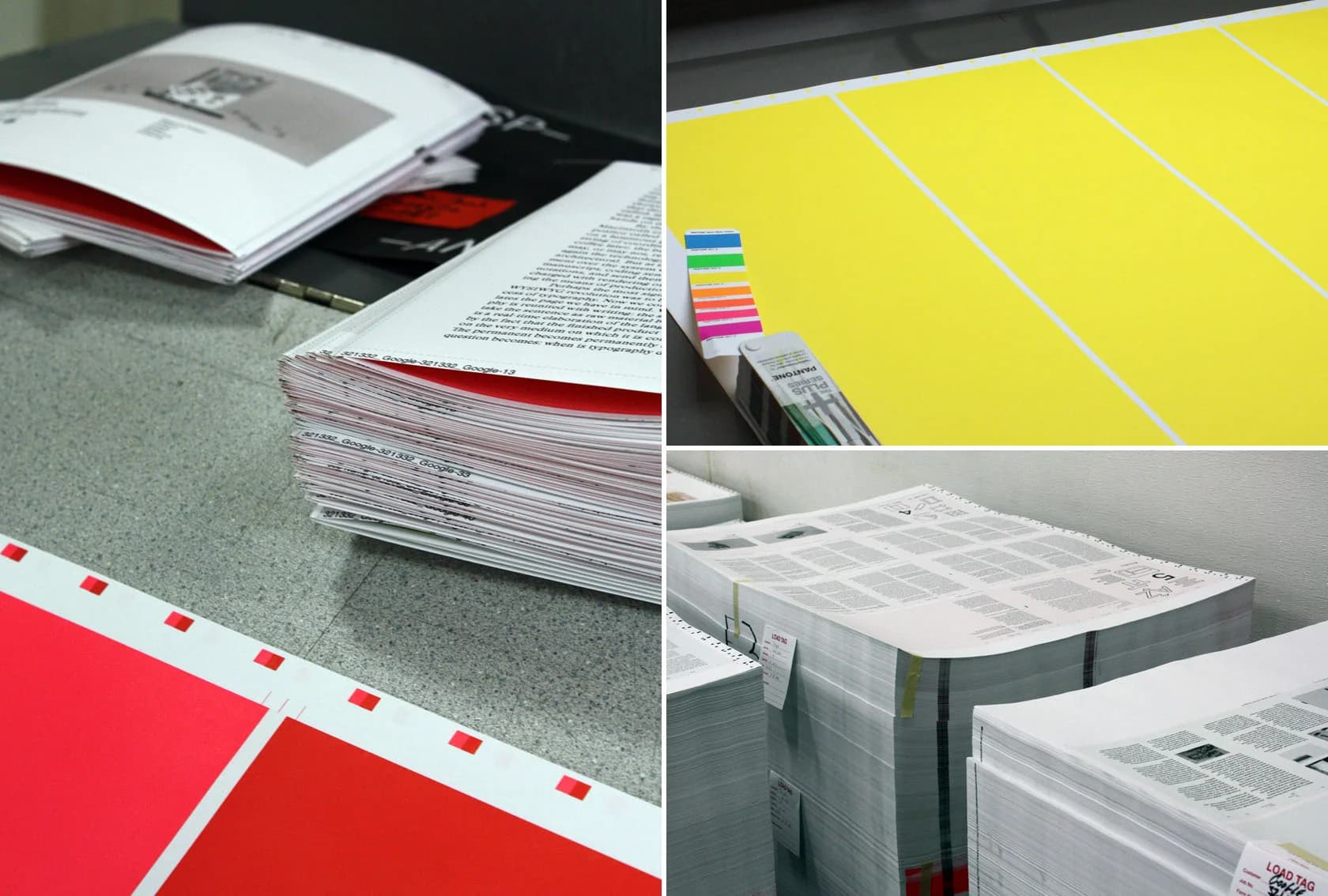 Close-ups of printed materials in various stages of production. Books, color swatches, large paper sheets, and stacked printed pages are shown.