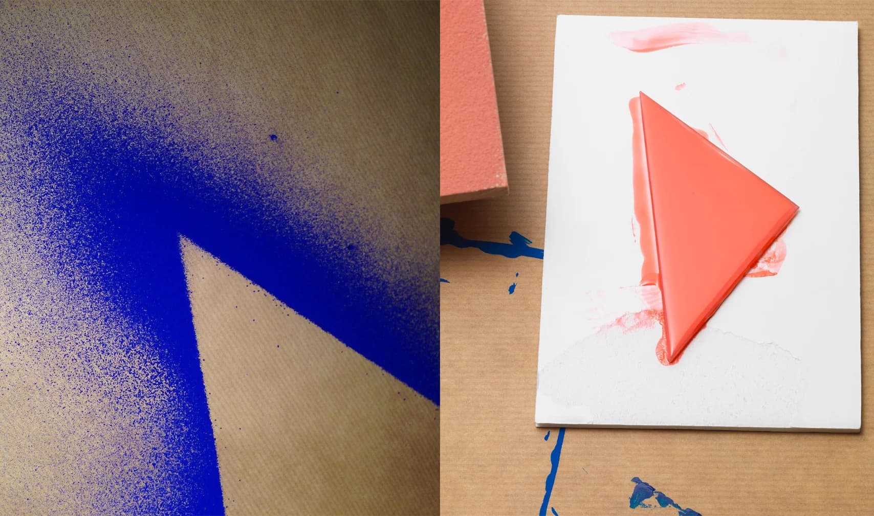 Left: blue spray paint on brown paper creates a triangle shape. Right: an orange triangle tile leaves a paint impression on white paper.