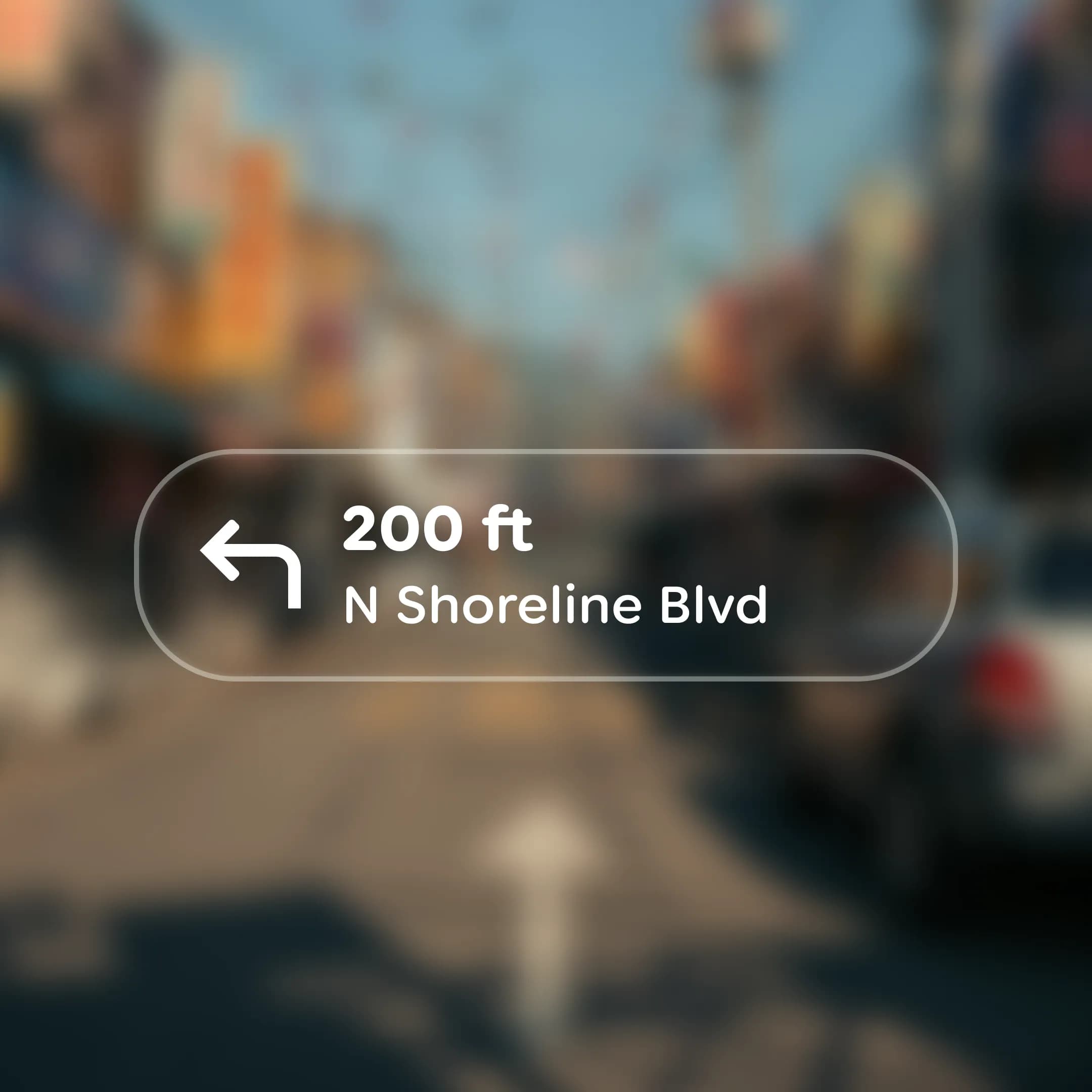 A navigation card for “N Shoreline Blvd” using bold, high-contrast white text with clear letter spacing.