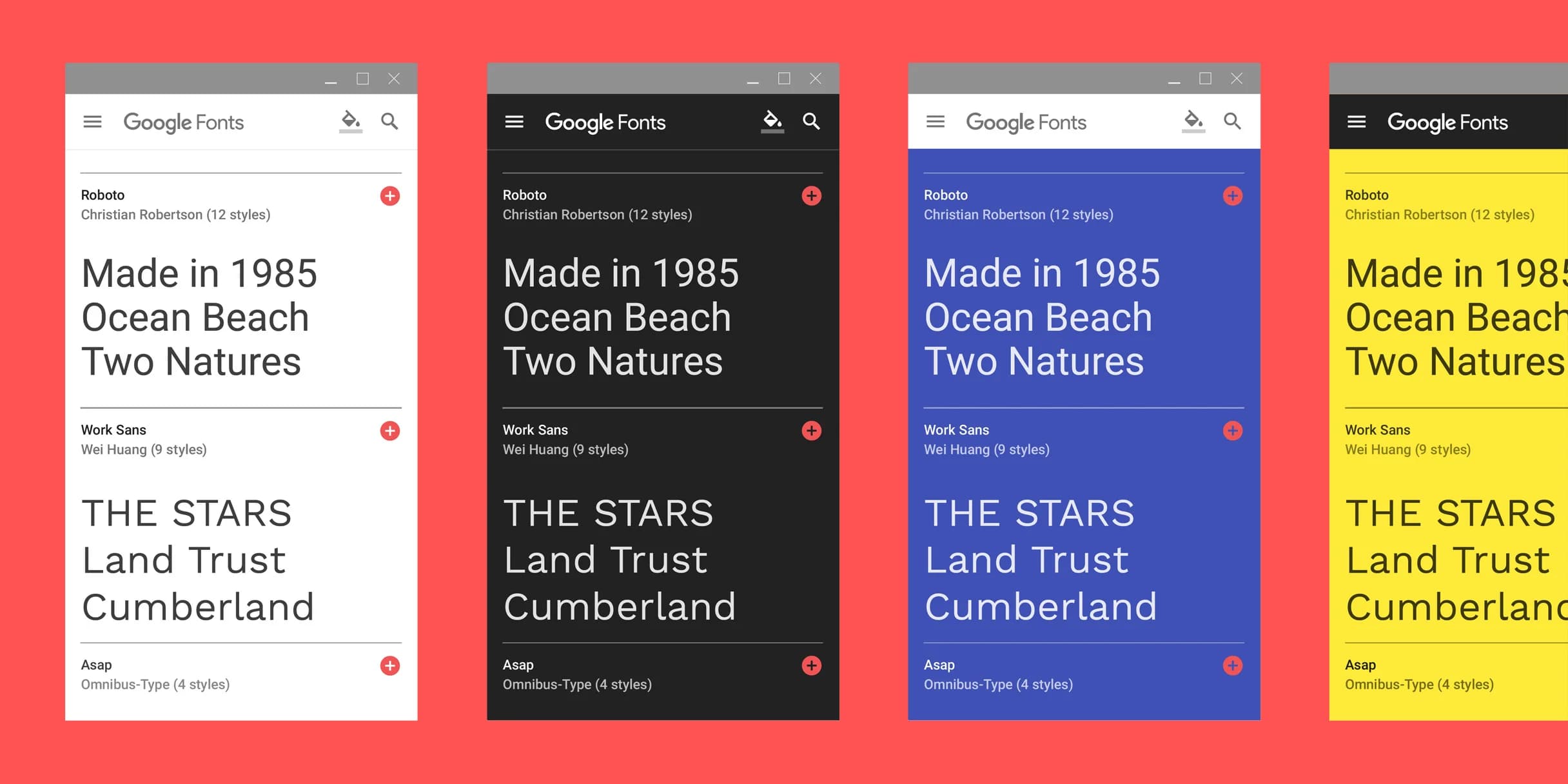 Four screens of the Google Fonts website. Each shows different color themes: light, dark, royal blue, and gold.