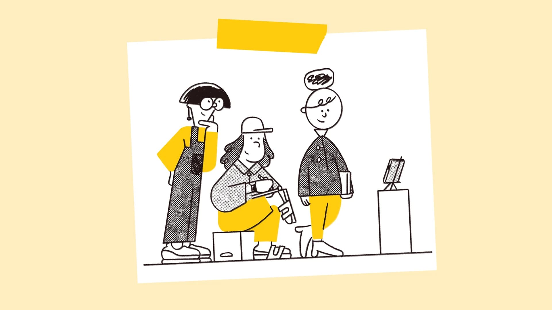 Three stylized figures stand together. One takes notes, another thinks, and the third holds a book.