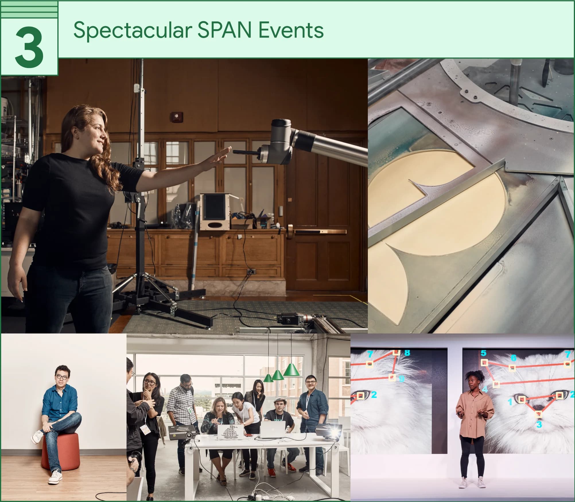 Four photos from SPAN: a woman interacts with a robotic arm; a large art piece with geometric shapes and metallic hues; a group collaborates around a table; a presenter speaks before images of facial recognition technology.