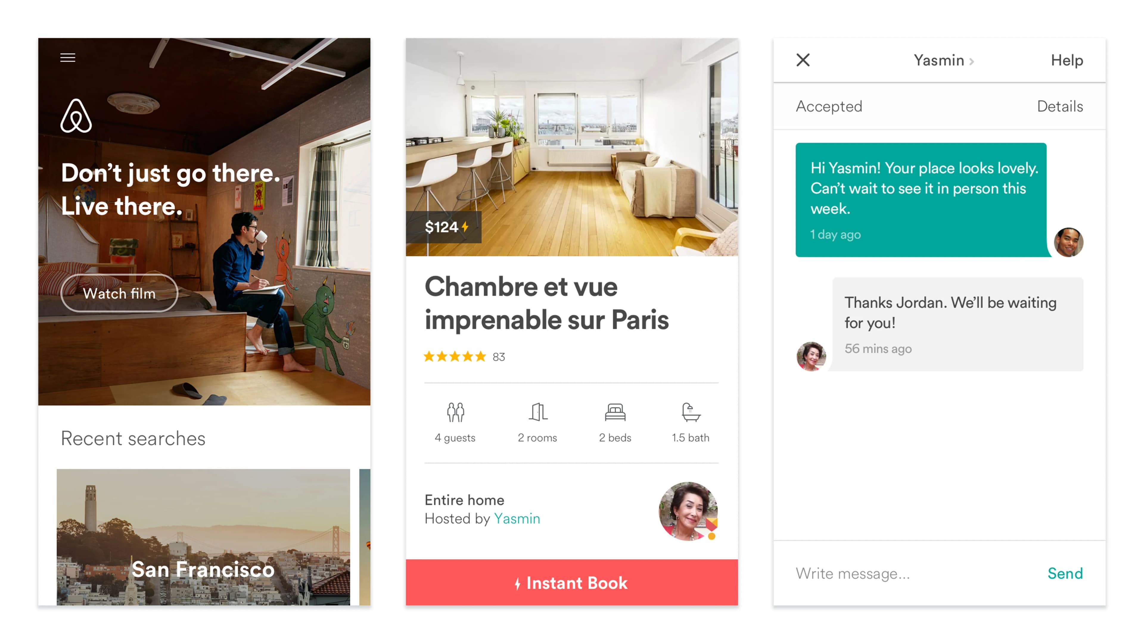 Airbnb app showing a home rental listing in Paris, a message thread with the host, and a recent search for San Francisco.
