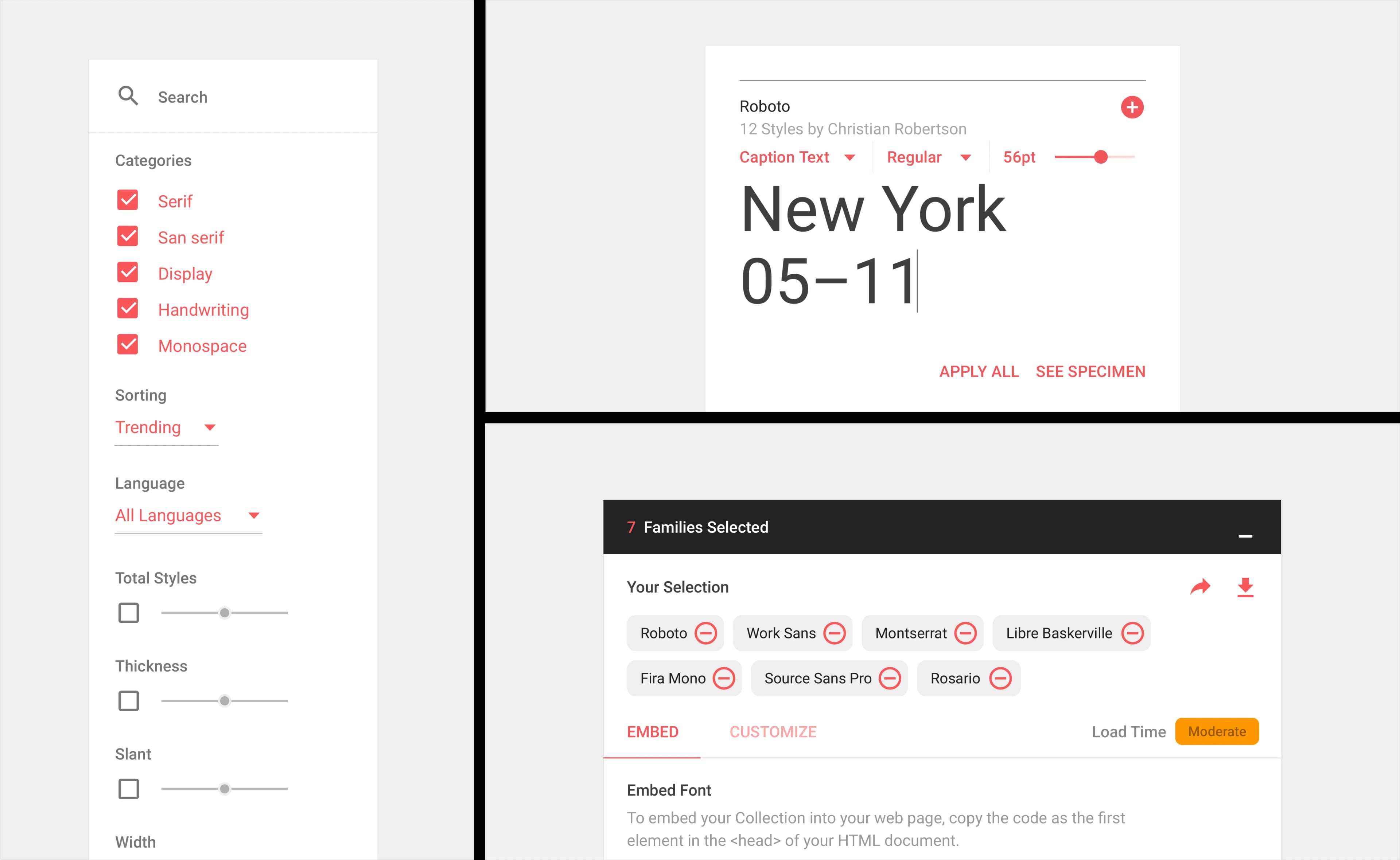 A font selection tool shows filtering options, selected fonts, preview text ("New York 05-11"), and embed code instructions.