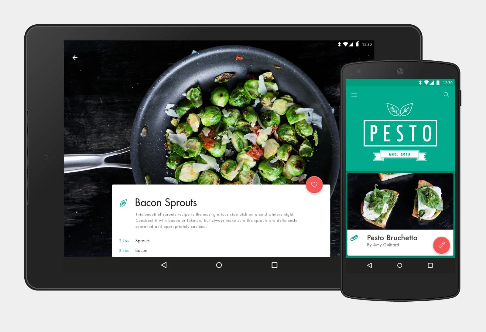 Bacon-sprout recipe on tablet and pesto bruschetta recipe on phone. Both show appealing food photography and minimalist design.
