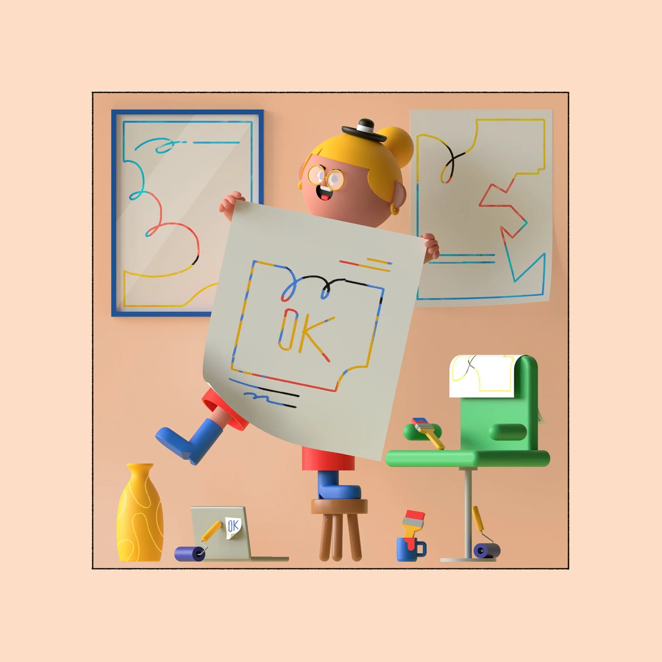 Whimsical 3D character happily displays approved artwork.