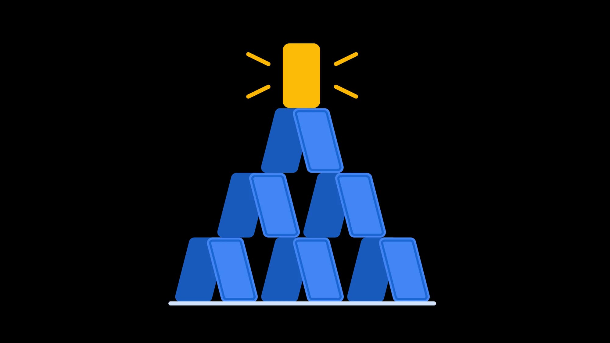 Blue cards form a triangular house of cards. A bright yellow card shines at the top.