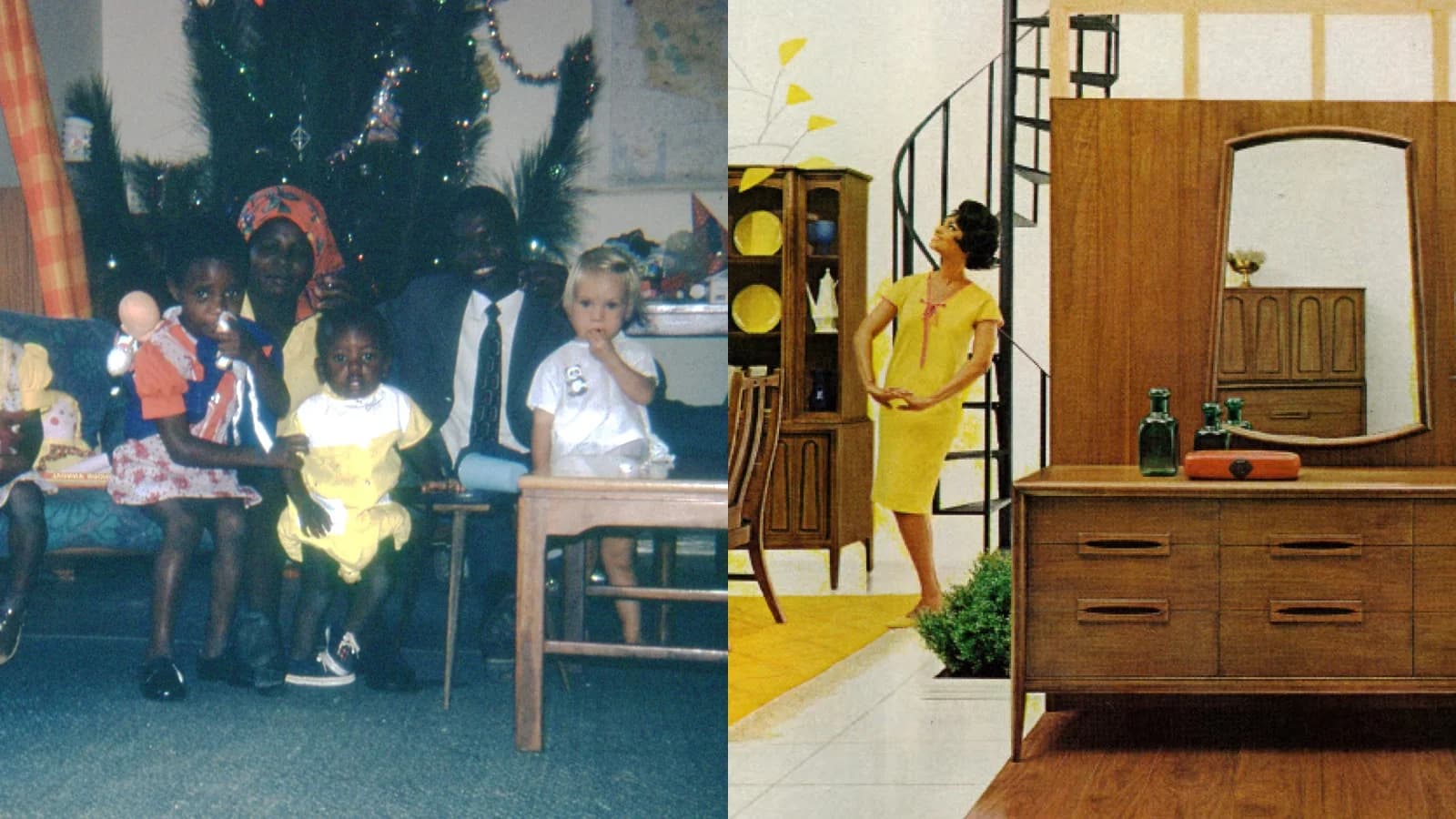 A split image: a family portrait with a Christmas tree and a woman in a yellow dress in a stylish, mid-century modern living room.