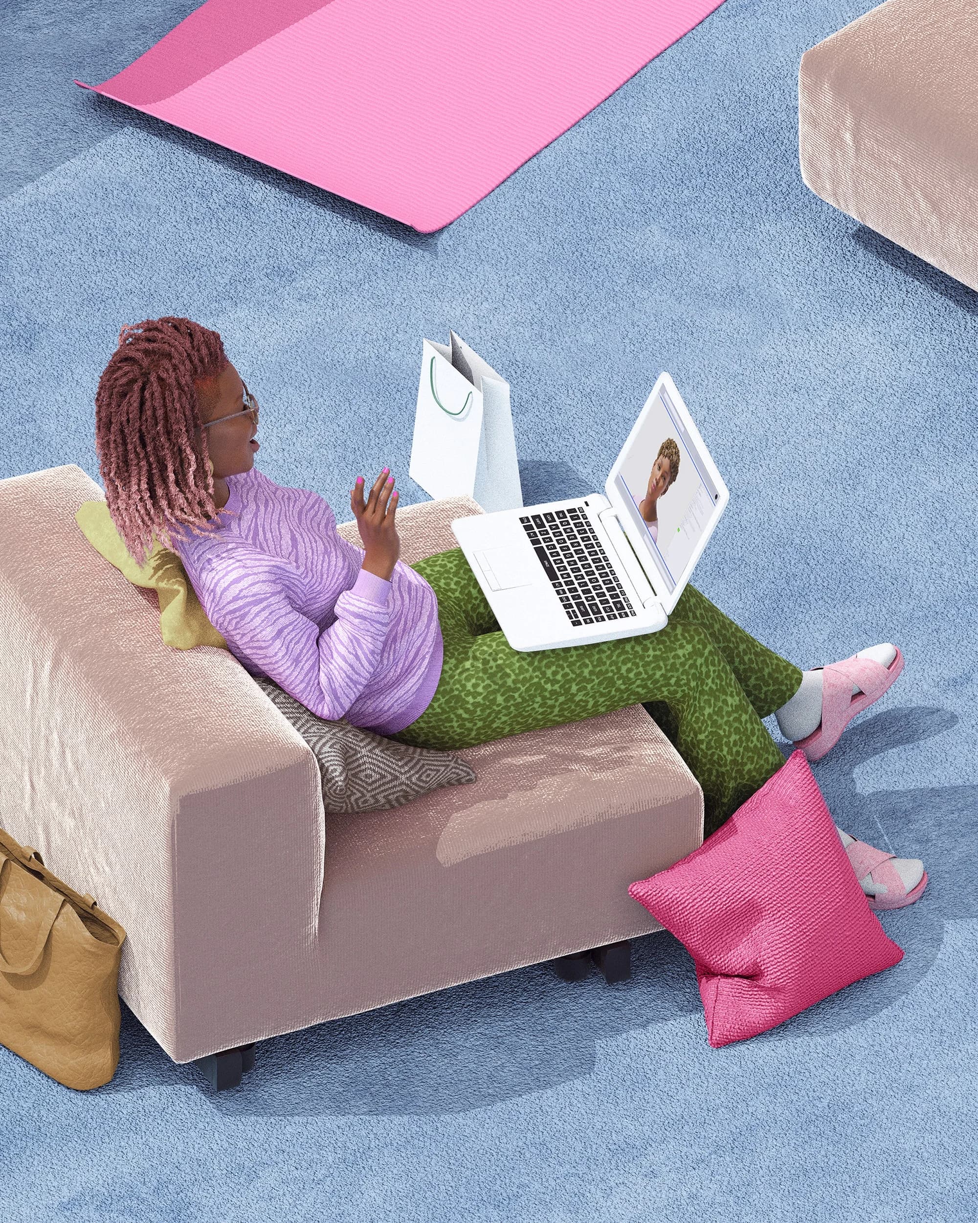 A woman relaxes on a comfy couch, video chatting on her laptop. A yoga mat, shopping bag, and purse suggest a relaxing day.