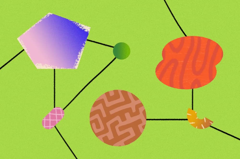 Abstract shapes connected by lines on a lime green background.
