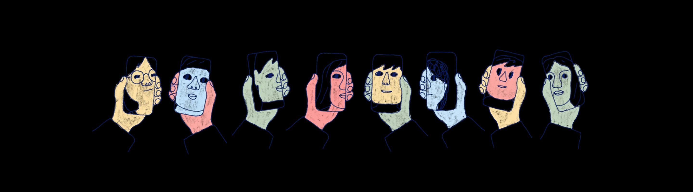 Seven hands hold up colorful phones showing stylized faces against a dark, pixelated background.