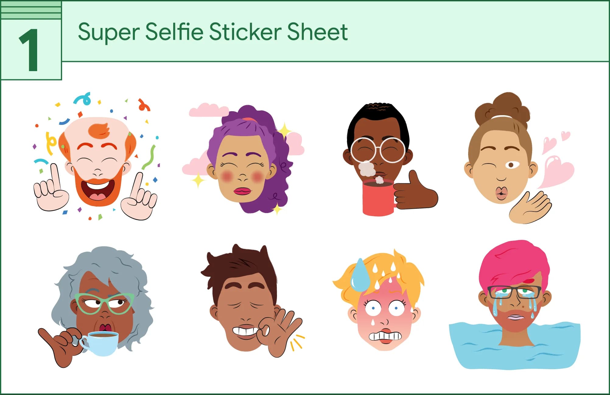Eight diverse selfie stickers show various expressions: celebratory, relaxed, enjoying a hot beverage, blowing a kiss, unimpressed, tasting something delicious, stressed, and crying.