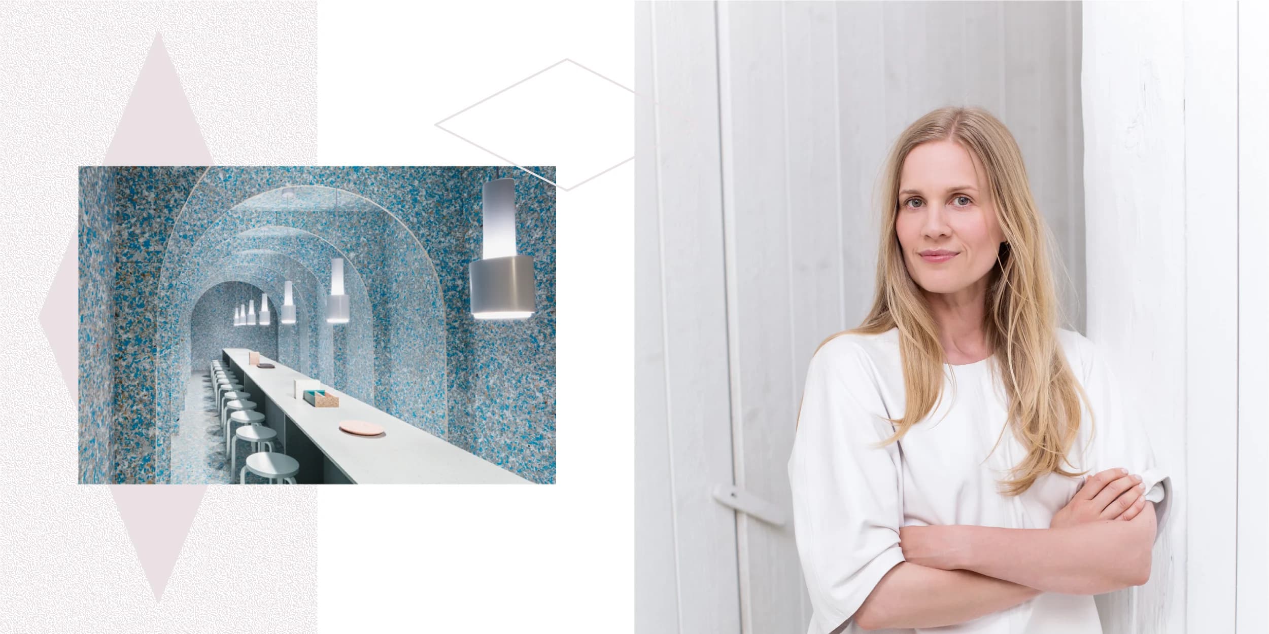 Left: Trendy cafe with arched entryway, terrazzo walls, and long white table. Right: Portrait of a blonde woman in a white shirt, arms crossed, against a white wall.