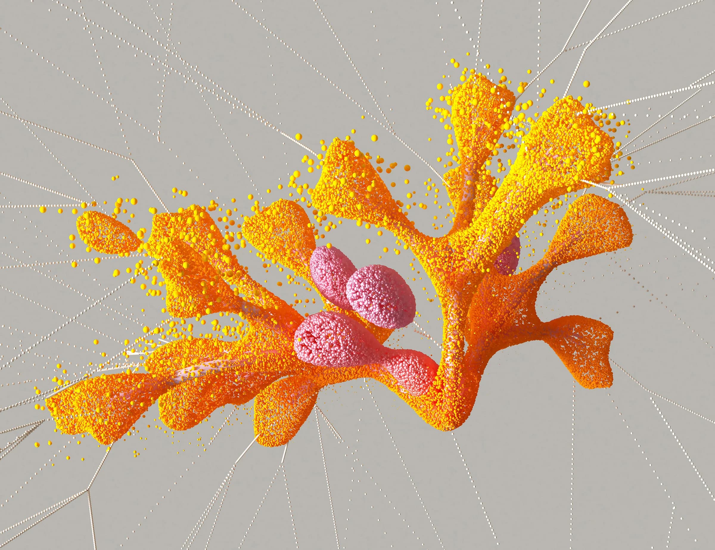 Abstract orange and pink particles cluster and disperse against a gray background with dotted lines radiating outward.