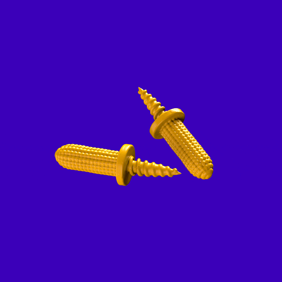 Two yellow corn cobs with screws attached.