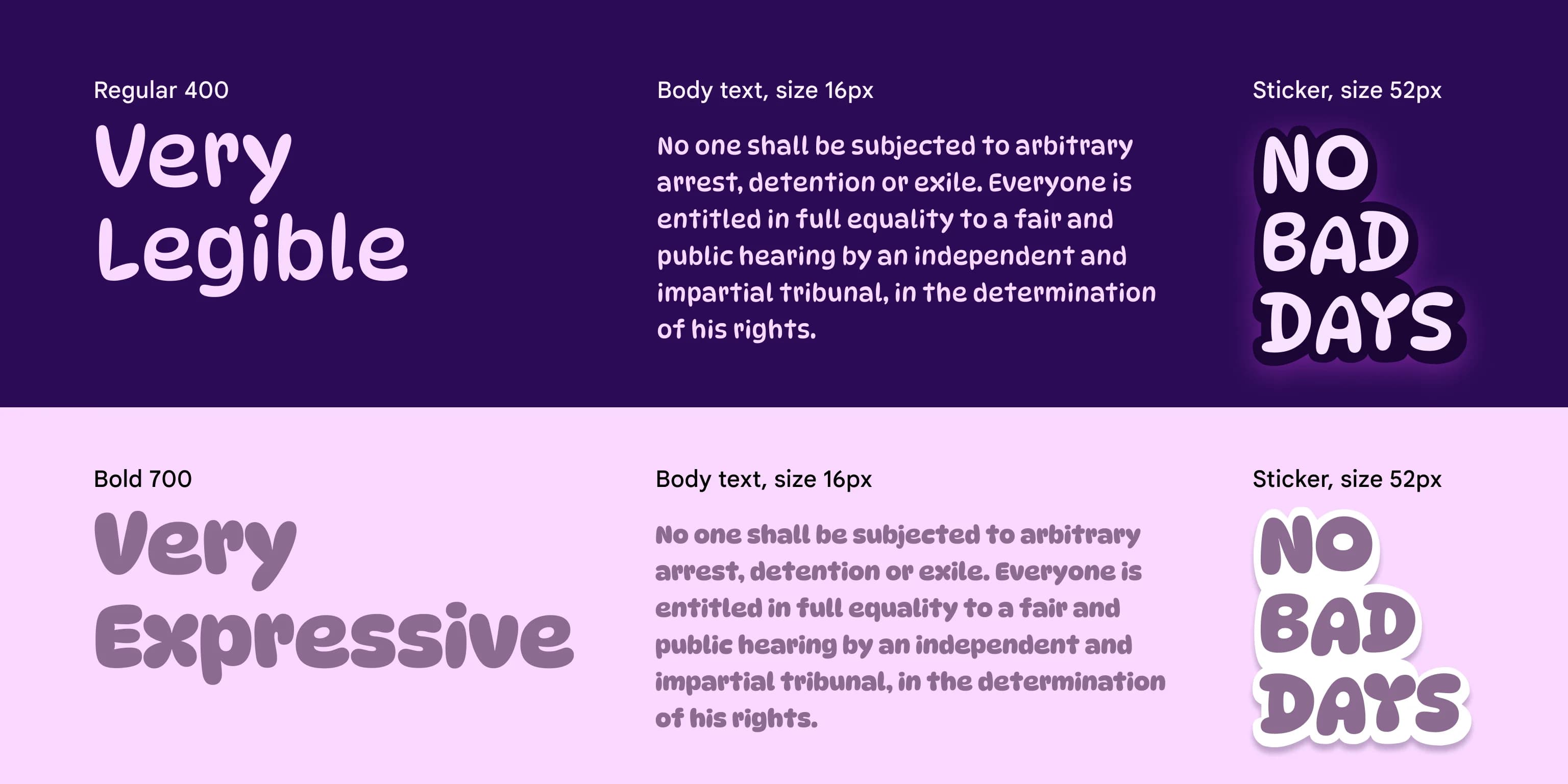 Purple text on dark-purple and lilac backgrounds. "Very Legible" and "Very Expressive" show font weights.
