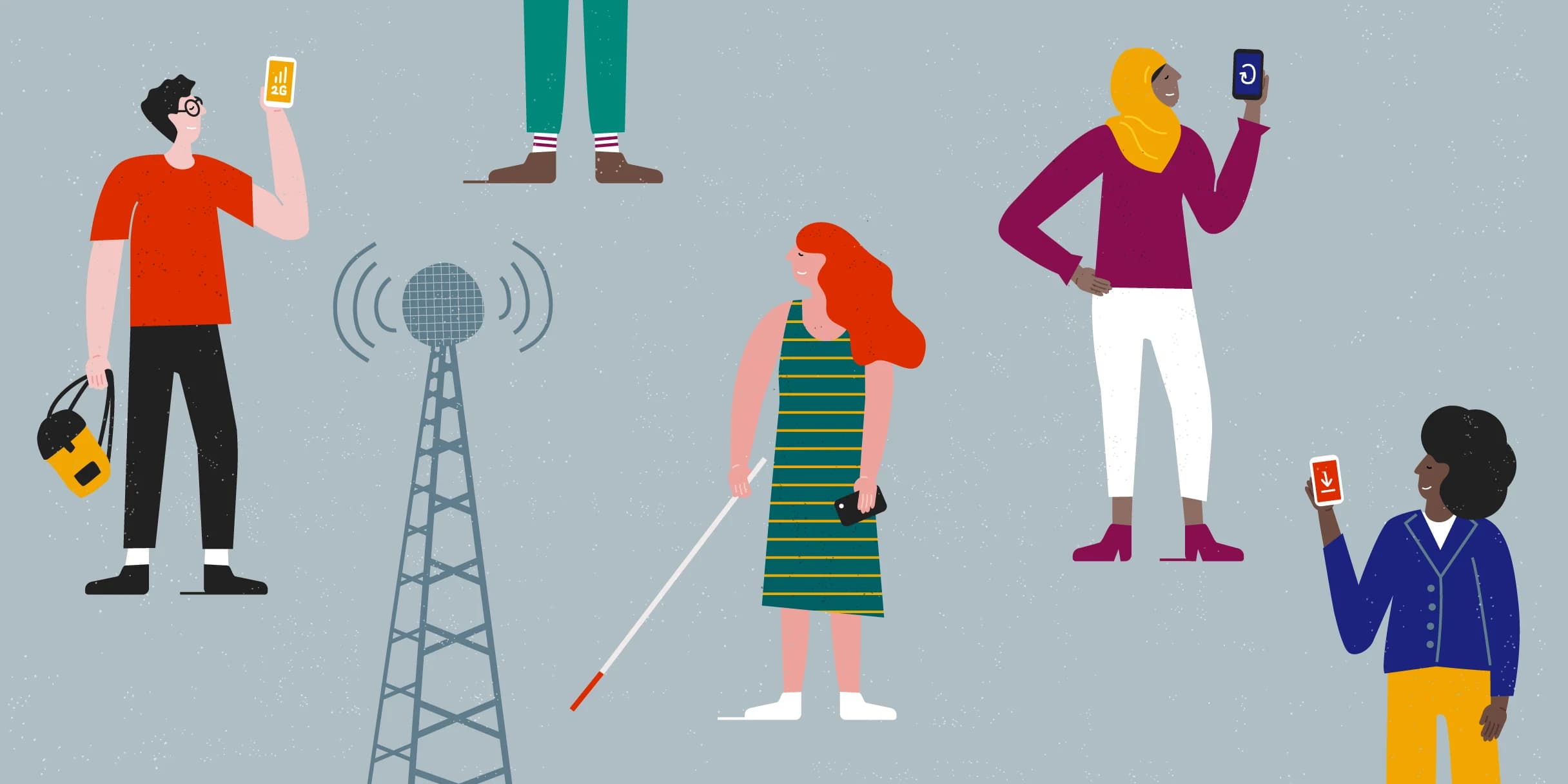 Diverse people use cell phones near a cell tower.