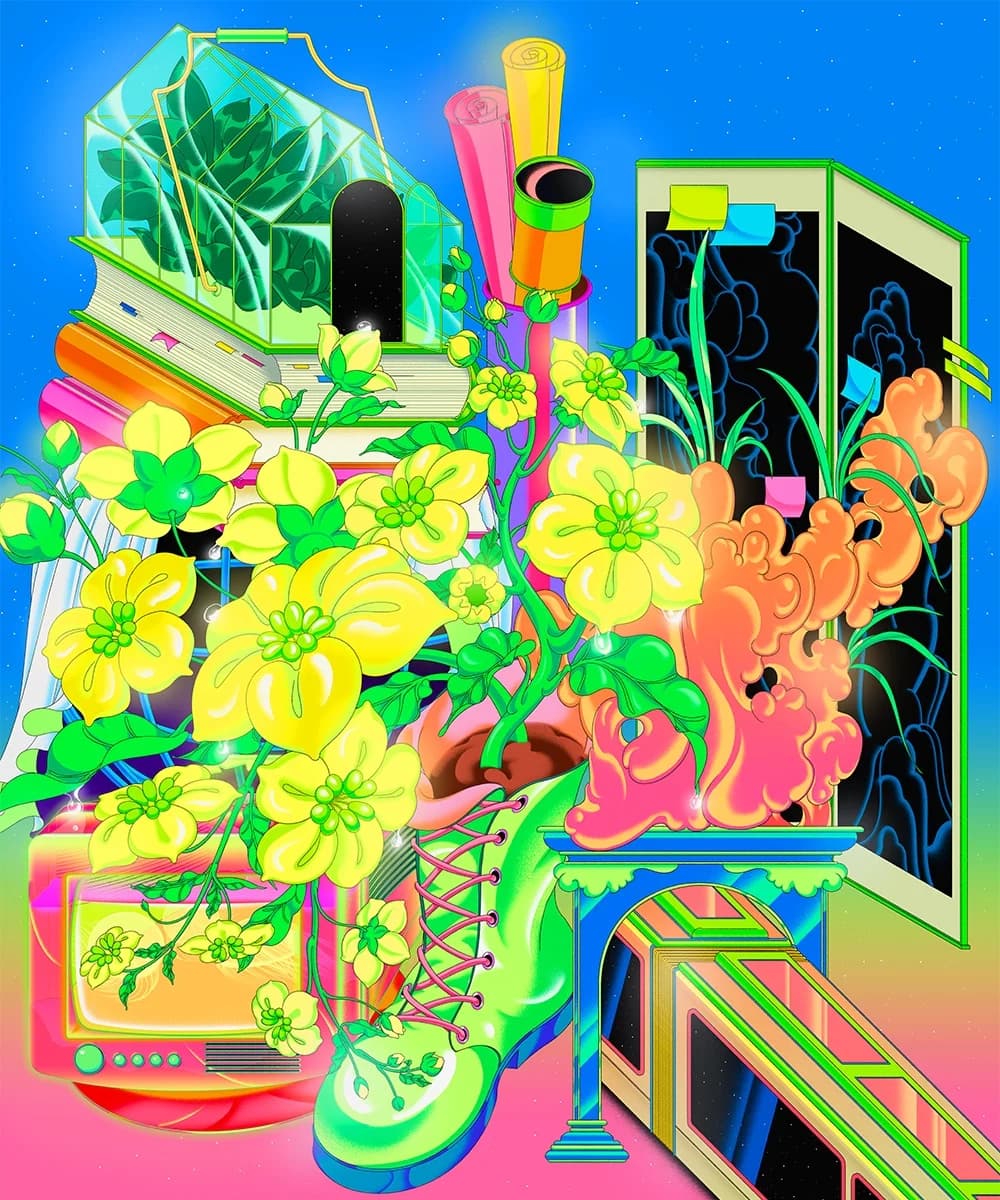 Vibrant, surreal still life with blooming flowers, a terrarium, vintage TV, boot planter, rolled-up posters, and stylized furniture.