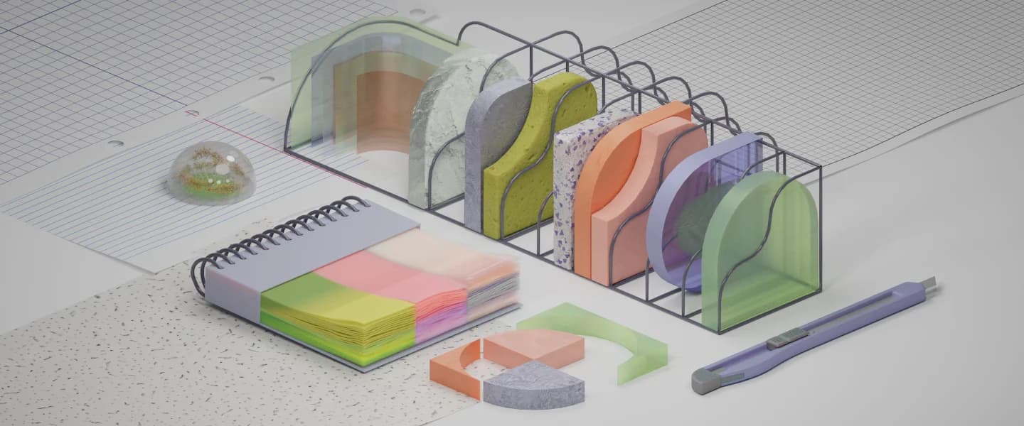 Pastel-colored office supplies—sticky notes, file organizer, paper, utility knife—are arranged on a speckled surface.