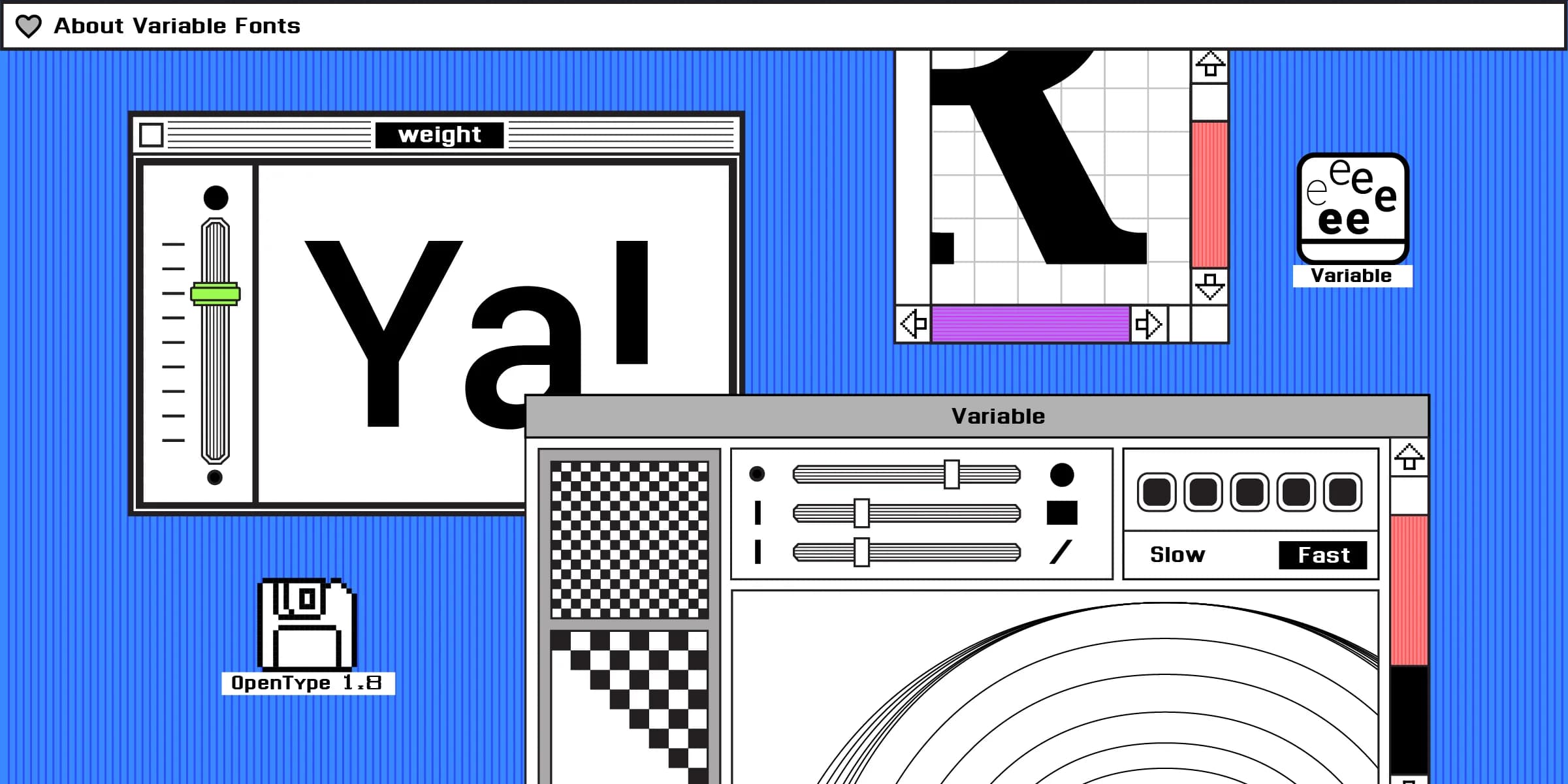 Retro computer graphic demonstrating variable font technology. Sliders and buttons control font weight, width, and other parameters, changing letter "a" shape and size.