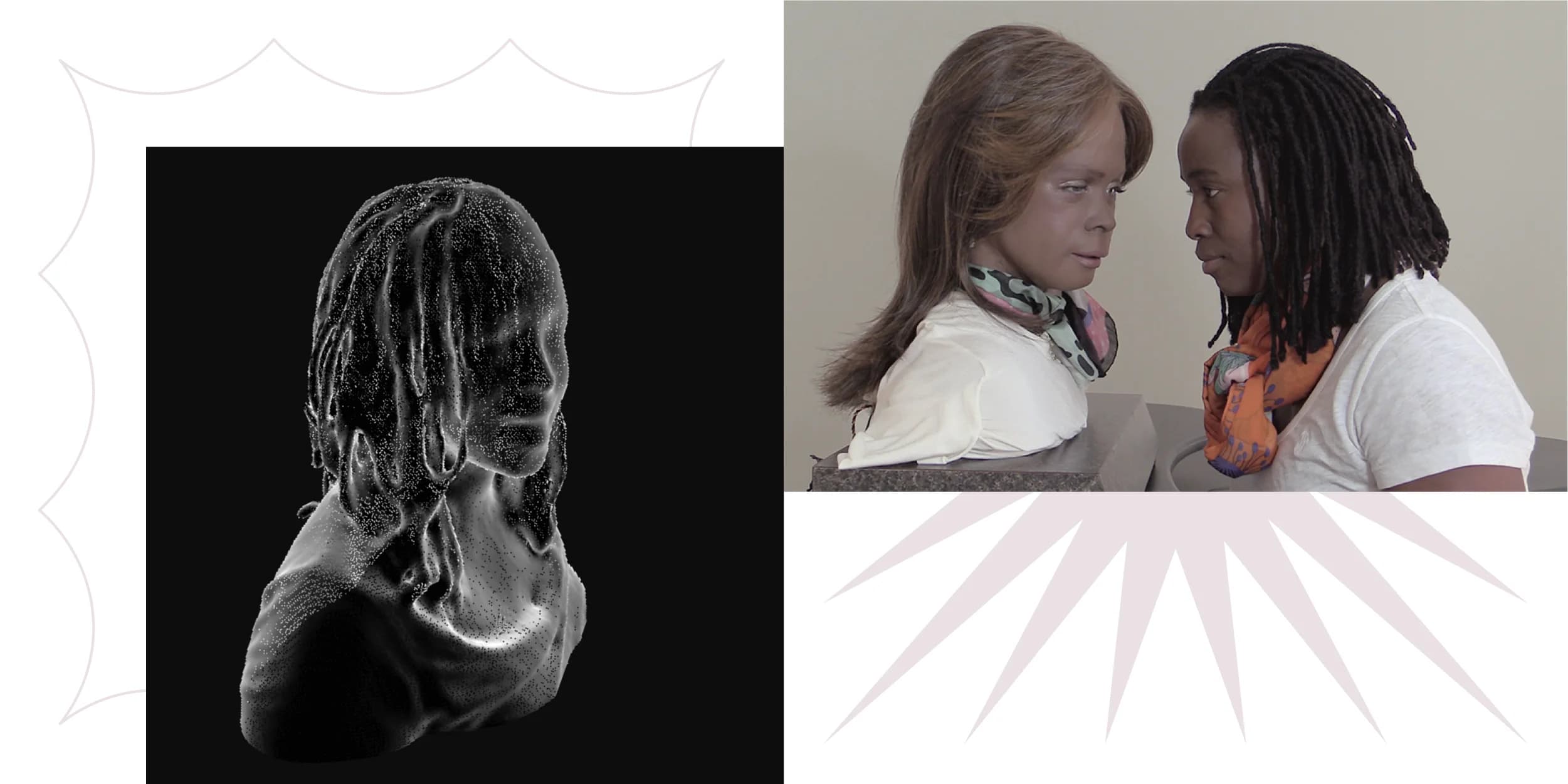 A point cloud bust of a Black woman with locs faces right. A photo shows the bust's real-life model regarding her likeness.