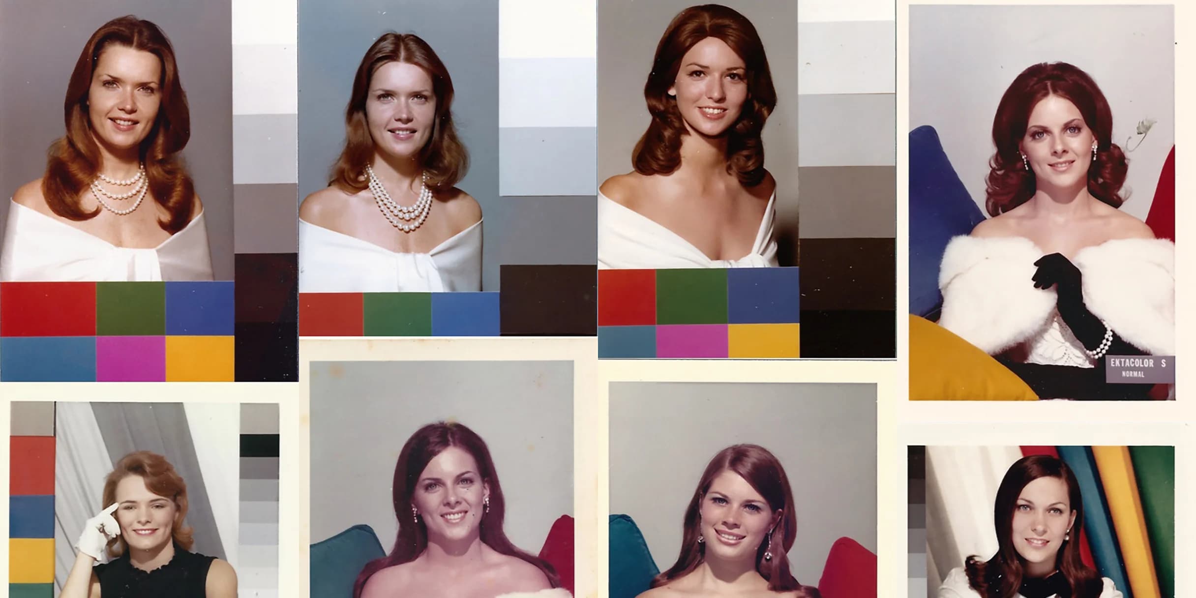 Eight color photos of a woman in various outfits and poses. Each photo includes a color bar or grayscale for color correction.