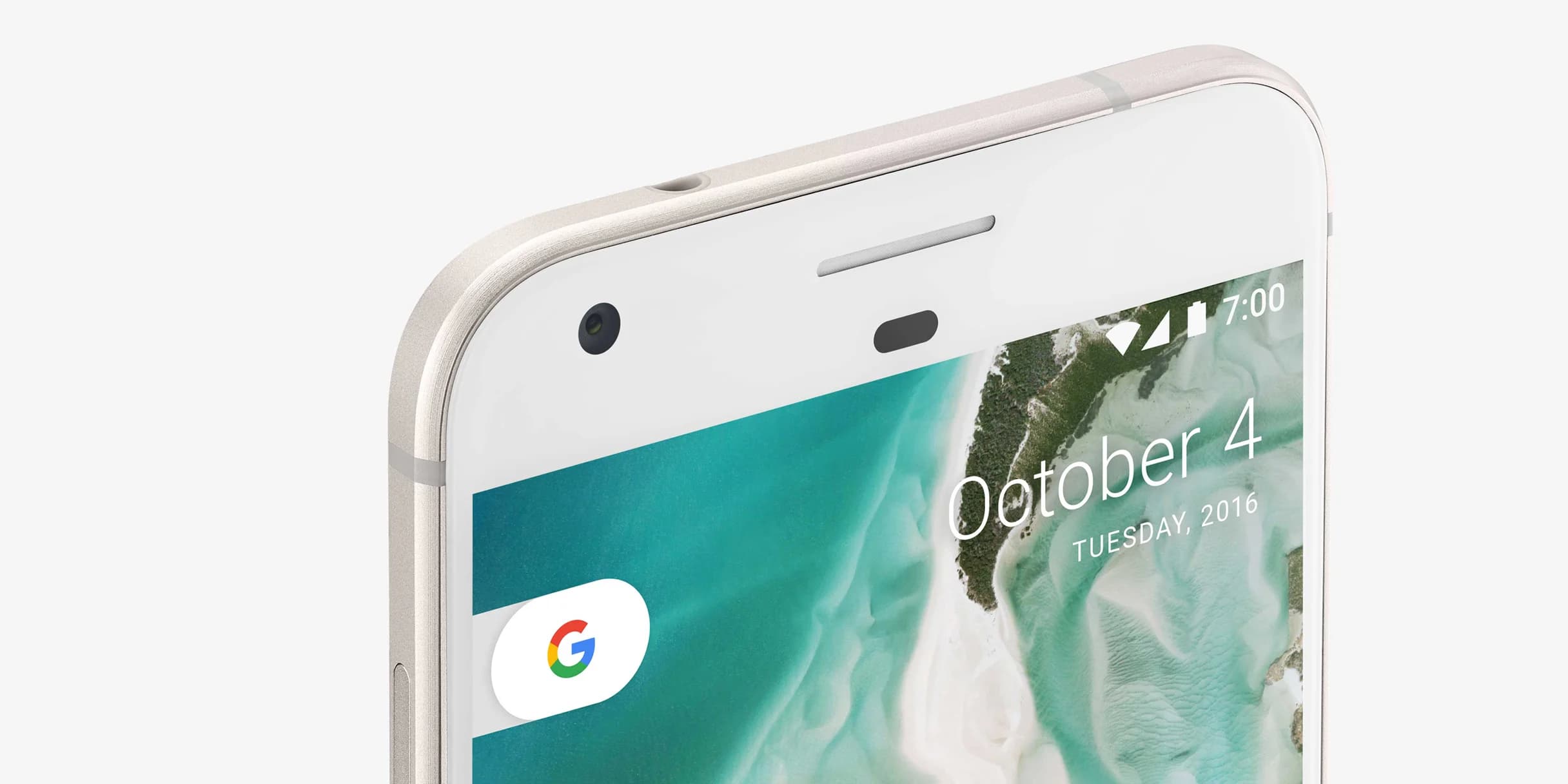 Close-up of a white Google Pixel phone. The screen displays the date, Tuesday, October 4, 2016.