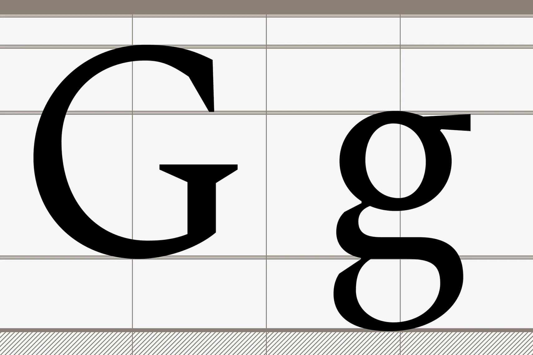 Uppercase and lowercase letter "G" in a serif typeface are displayed on a gridded background.