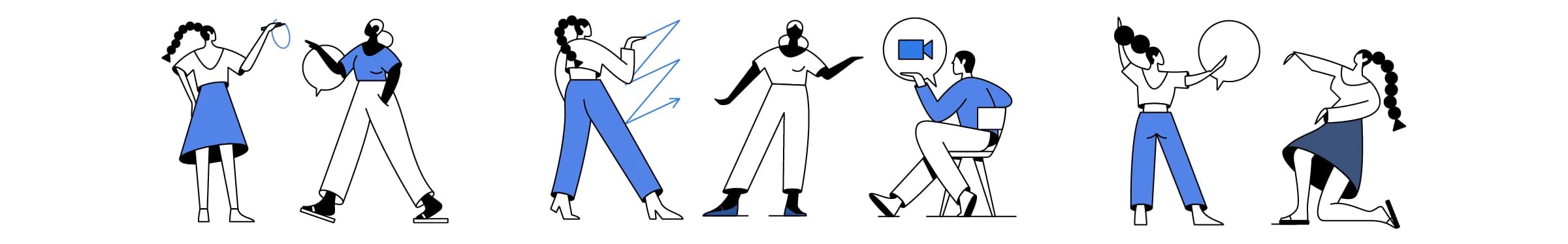 "Six stylized figures communicate via gesture, drawing, and using video chat. "