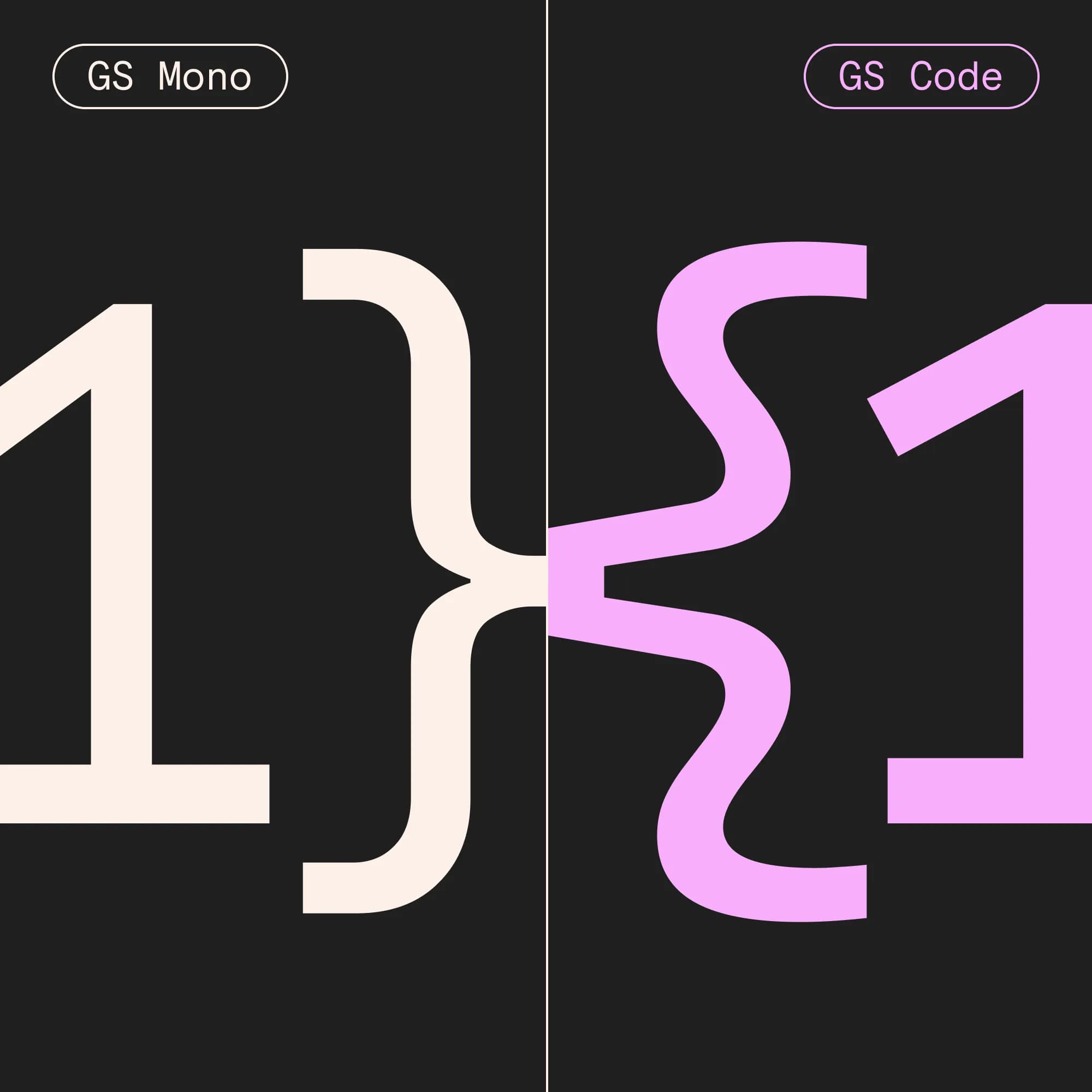 Side-by-side view of a curly bracket in beige GS Mono and pink GS Code, showing standard vs. exaggerated shapes.
