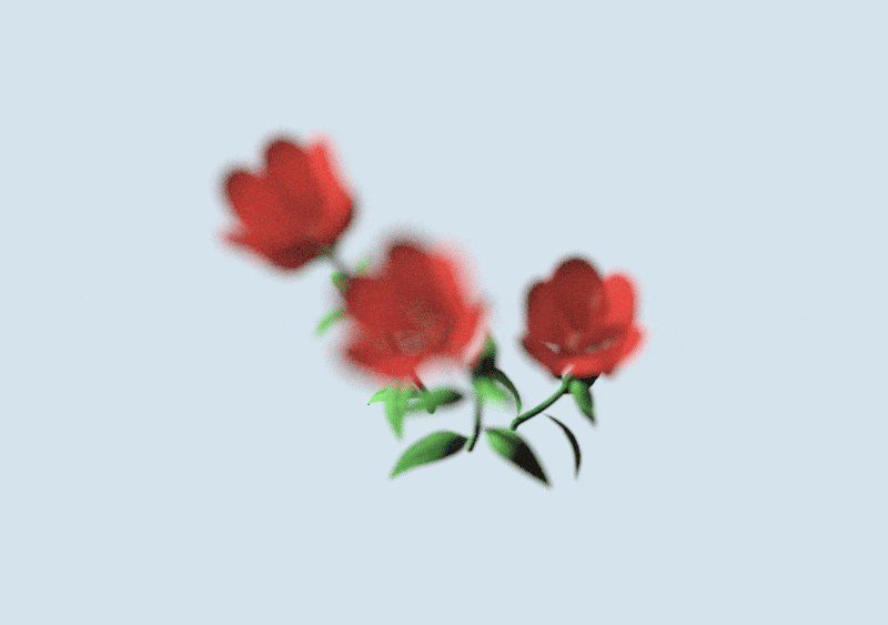 Three blurry, pixelated red flowers with green leaves on a light blue background.