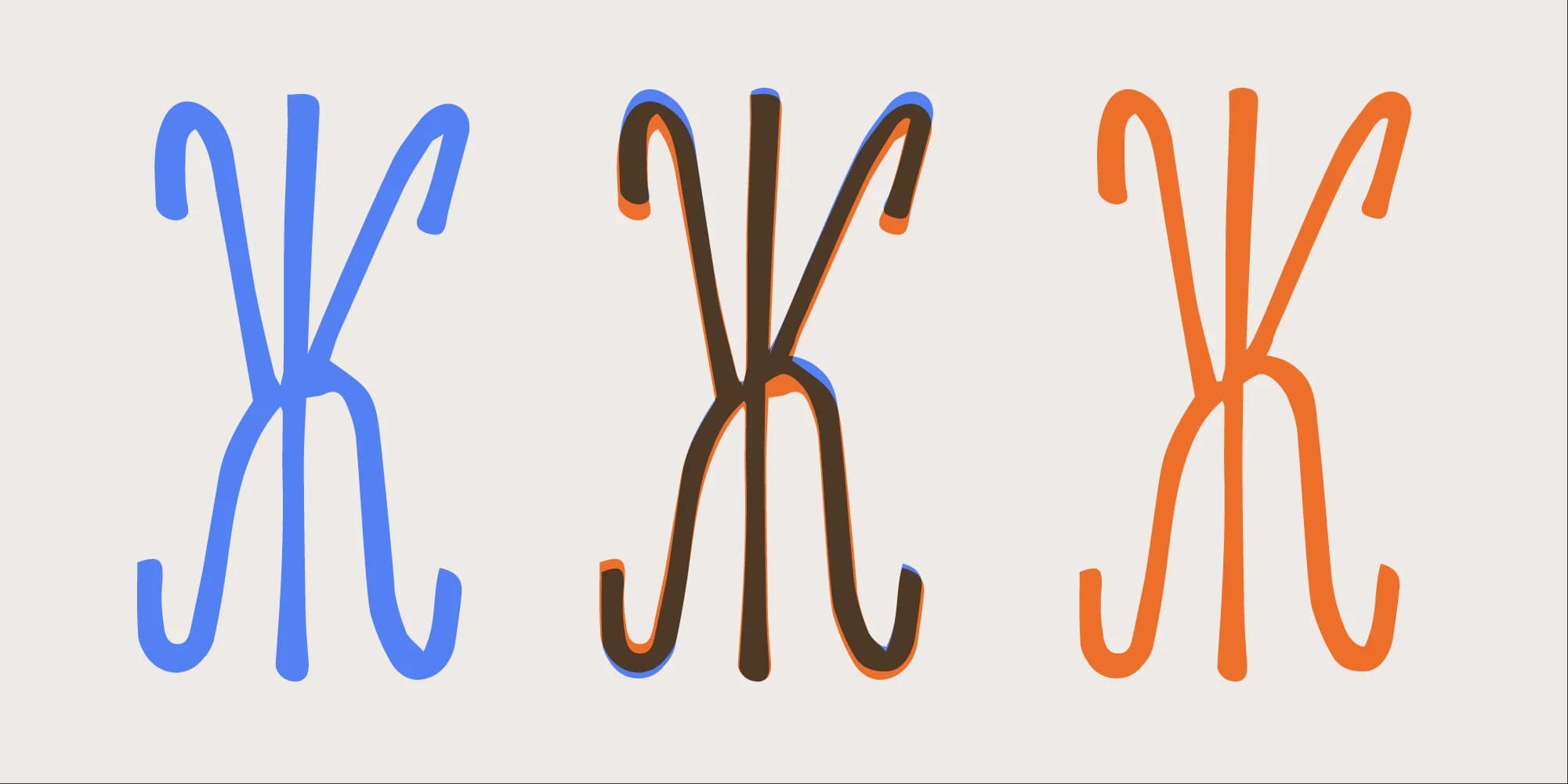 Three stylized, orange, brown, and blue "Ж" characters from the Cyrillic alphabet on a gray background.