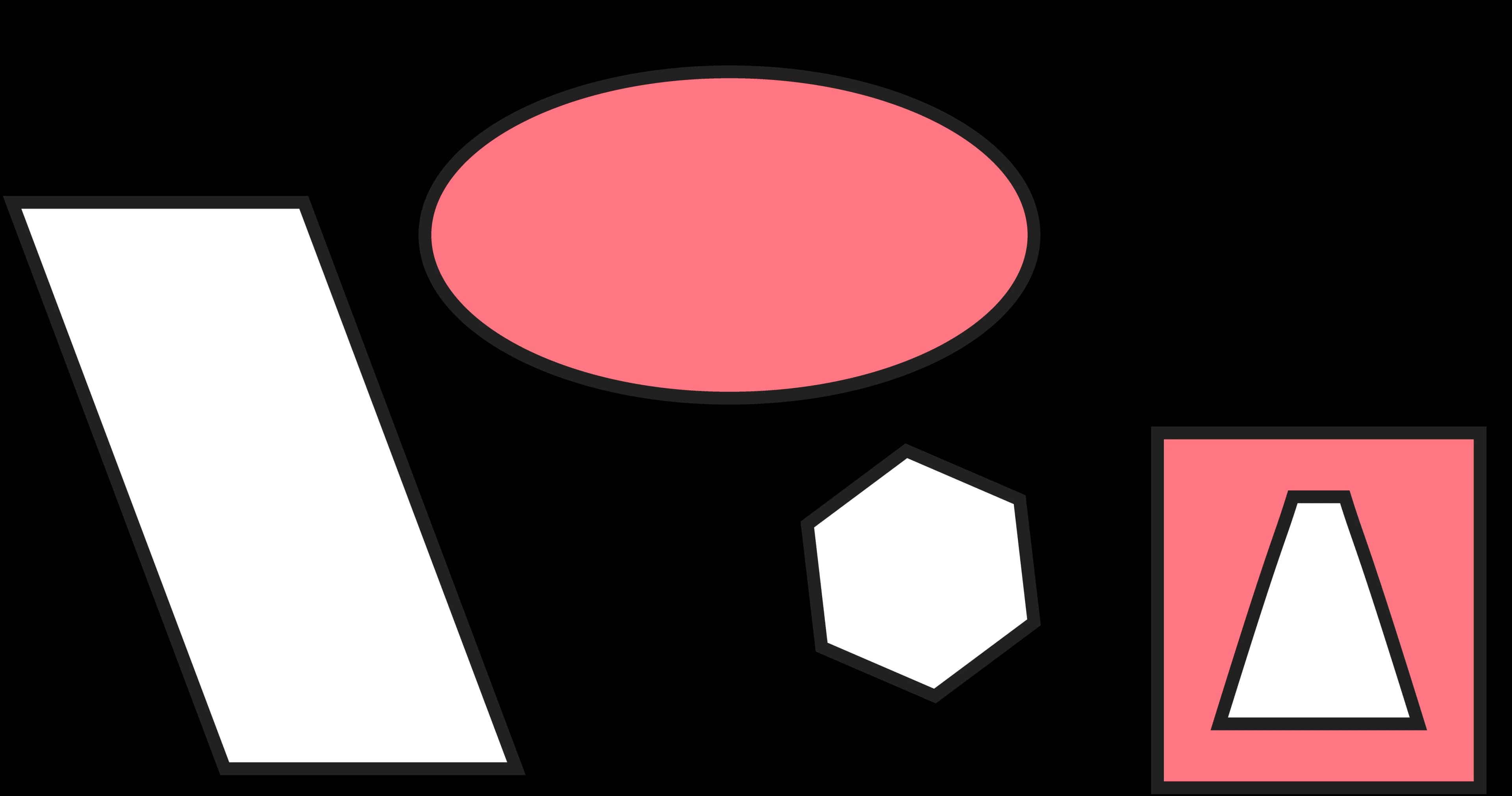 Four shapes, parallelogram, oval, pentagon, and triangle inside a square, appear against a black background.