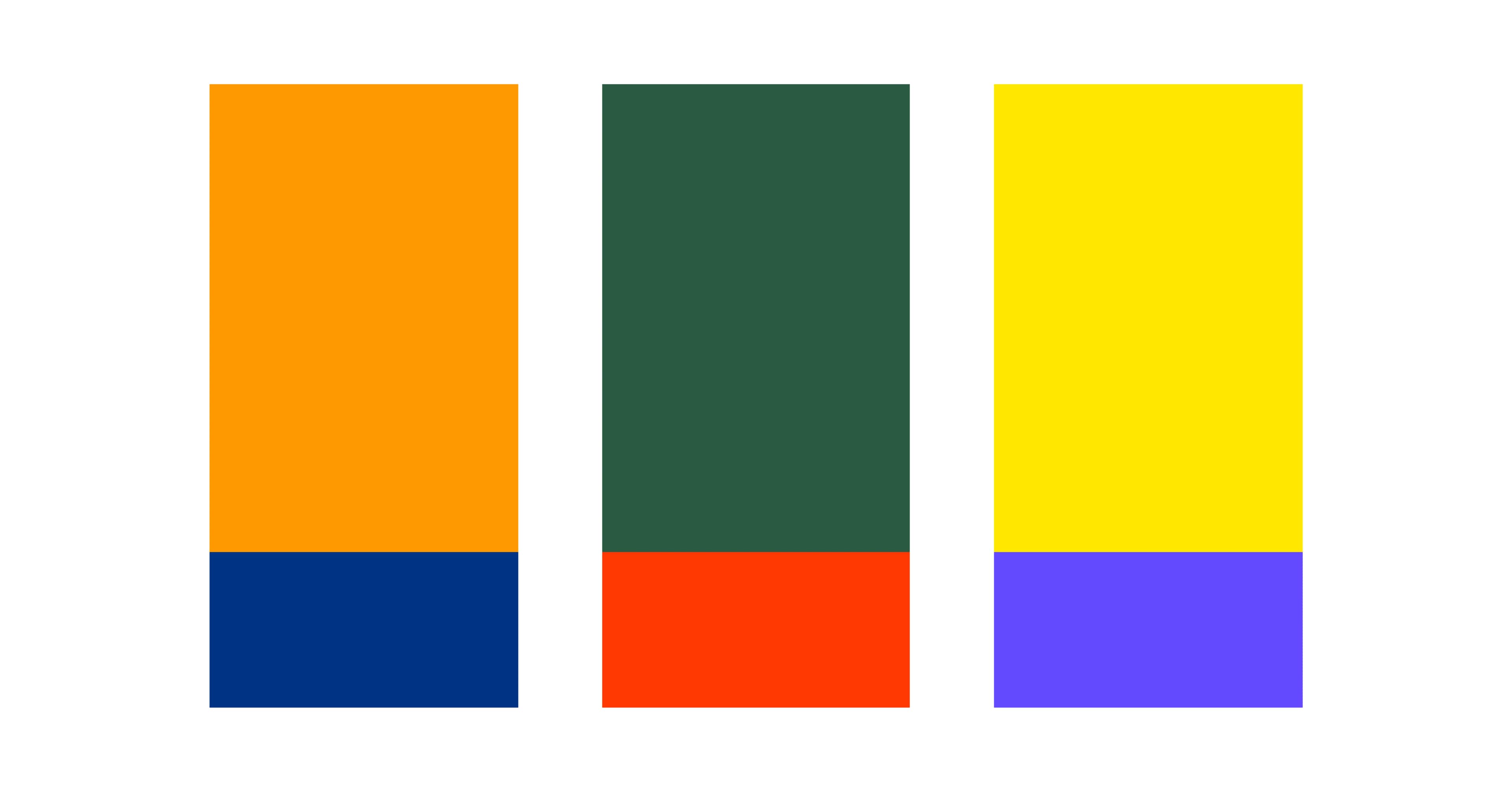 Three swatches of complementary colors: orange and blue, green and red, and yellow and purple.