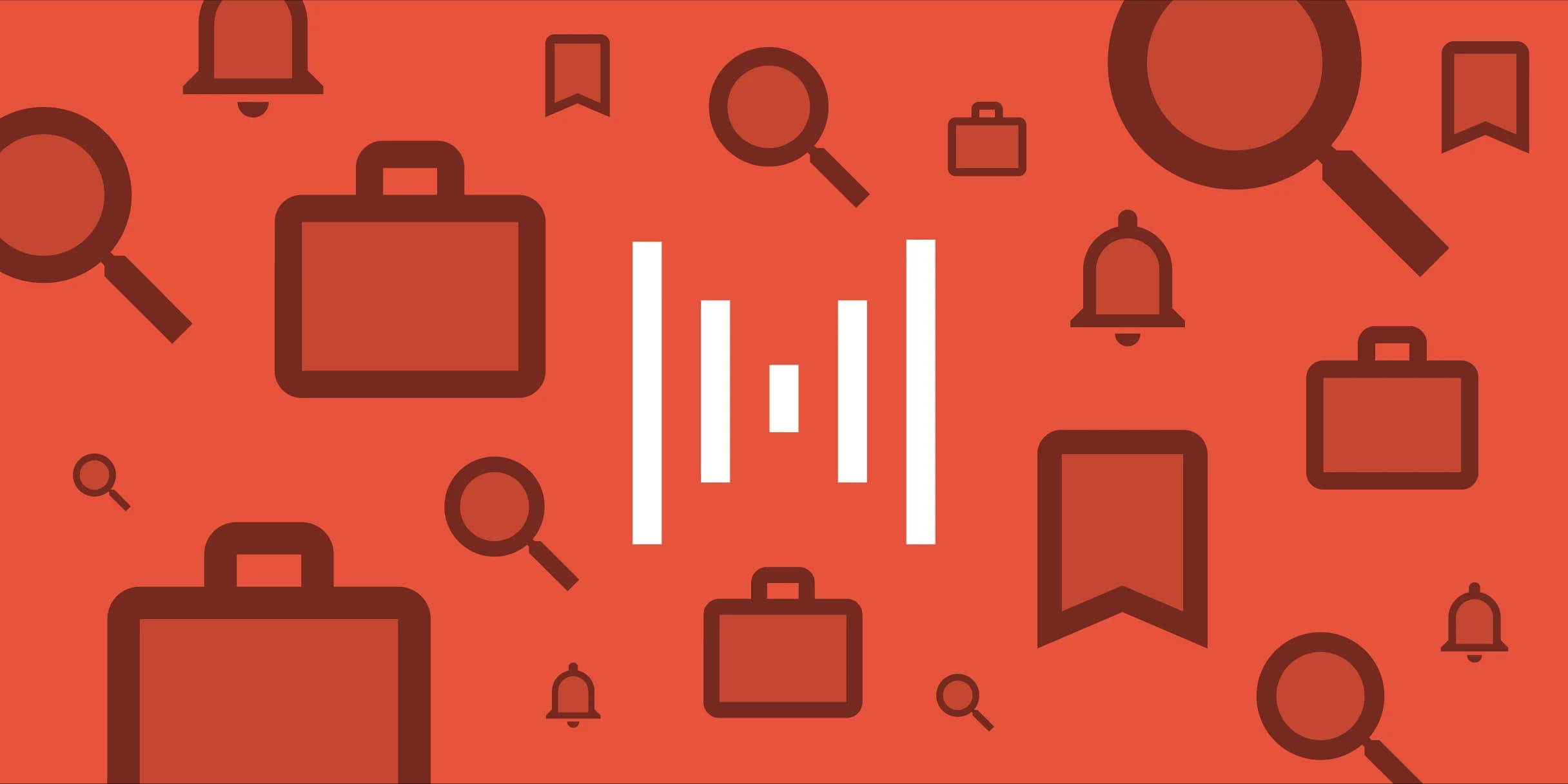 Red background with icons of briefcases, magnifying glasses, bells, and bookmarks.
