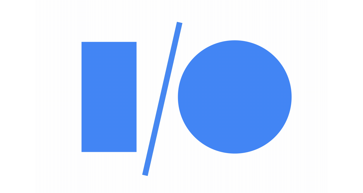 Google I/O logo. Blue rectangle, slash, and circle on white.