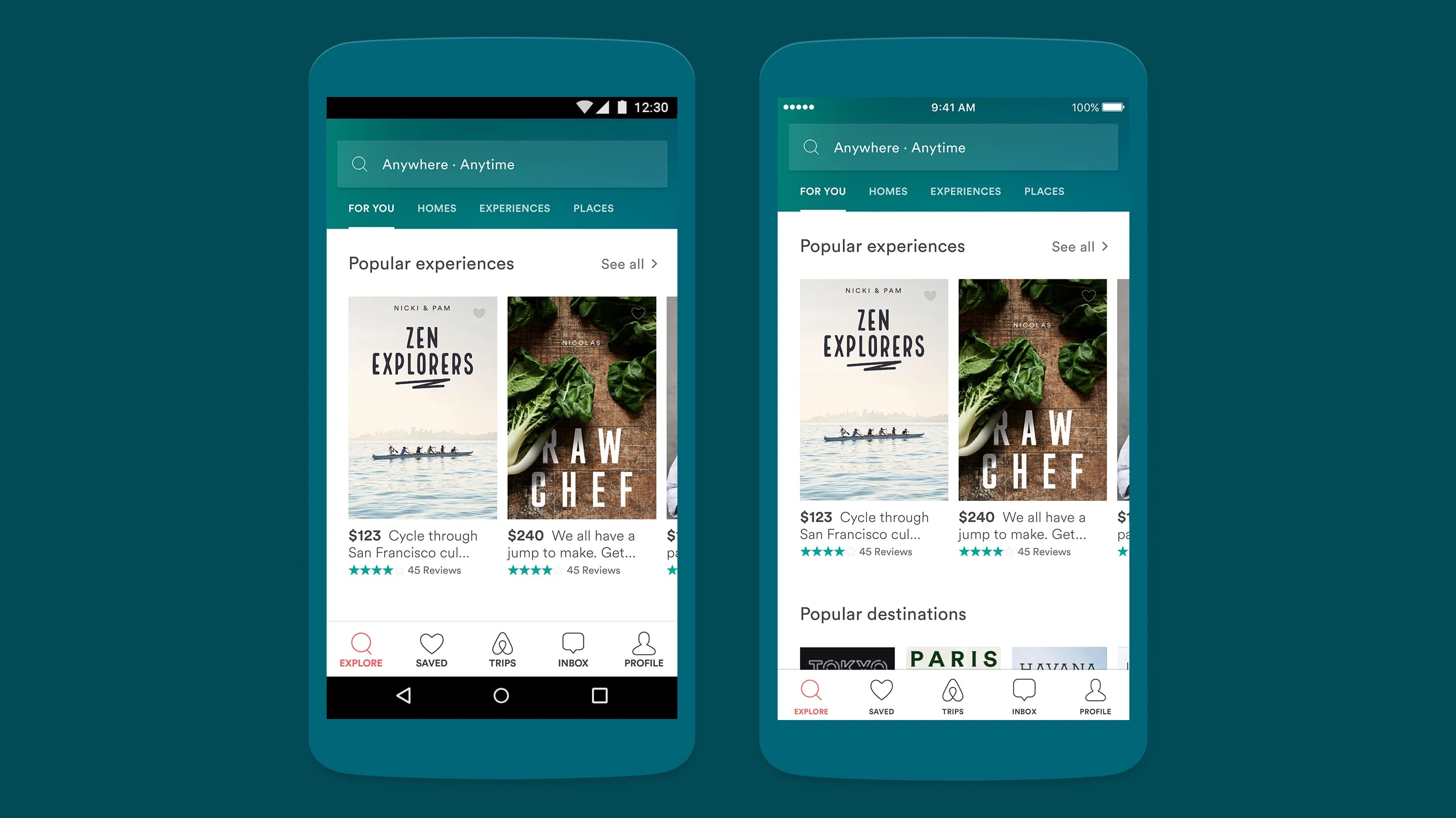 Two phones display Airbnb app featuring "Zen Explorers" and "Raw Chef" experiences. Options for homes, other experiences, places, and popular destinations like Paris are also shown.