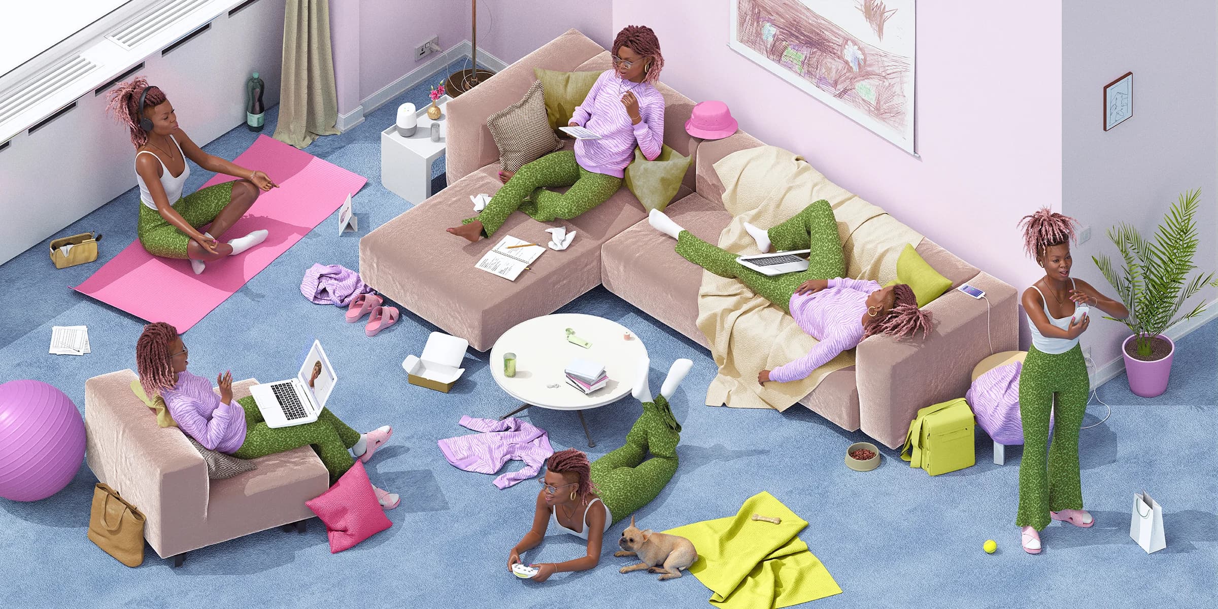 Five versions of the same woman with pink braids and green patterned clothing relax, work, and play in a pastel apartment.