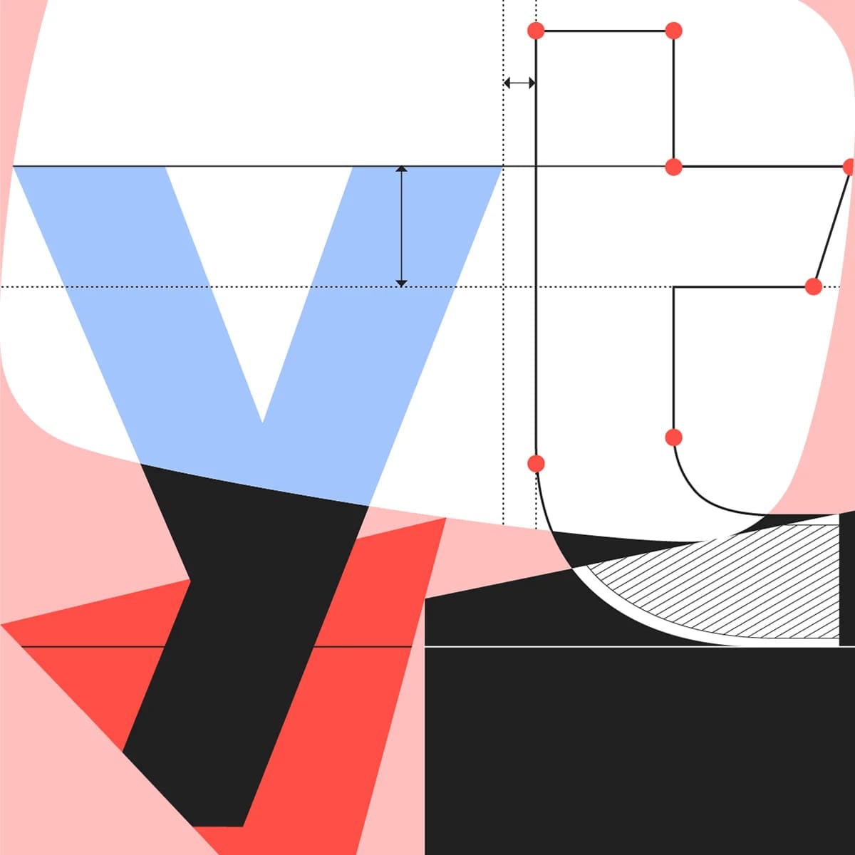 Abstract design featuring geometric shapes in black, light blue, red, and pink.