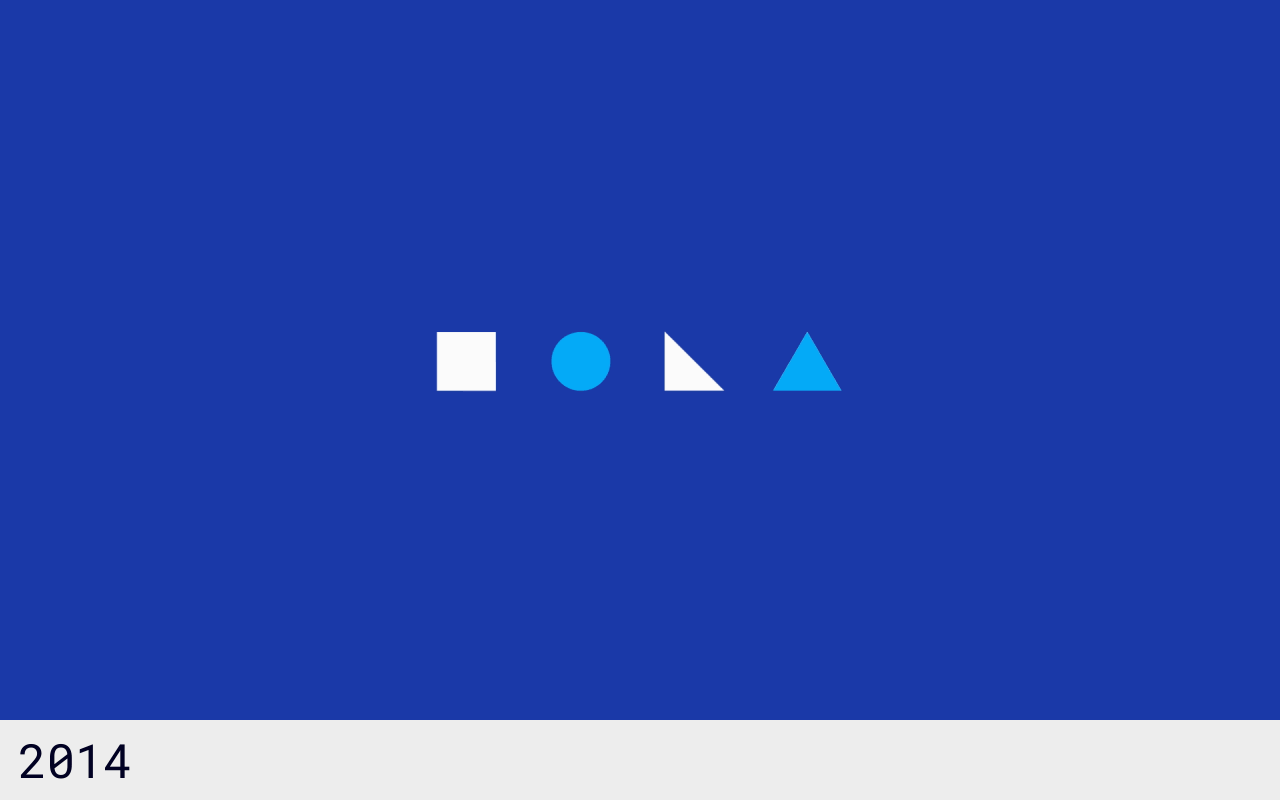 Against a blue background, a white square, light blue circle, white triangle, and light blue triangle appear in a horizontal row.