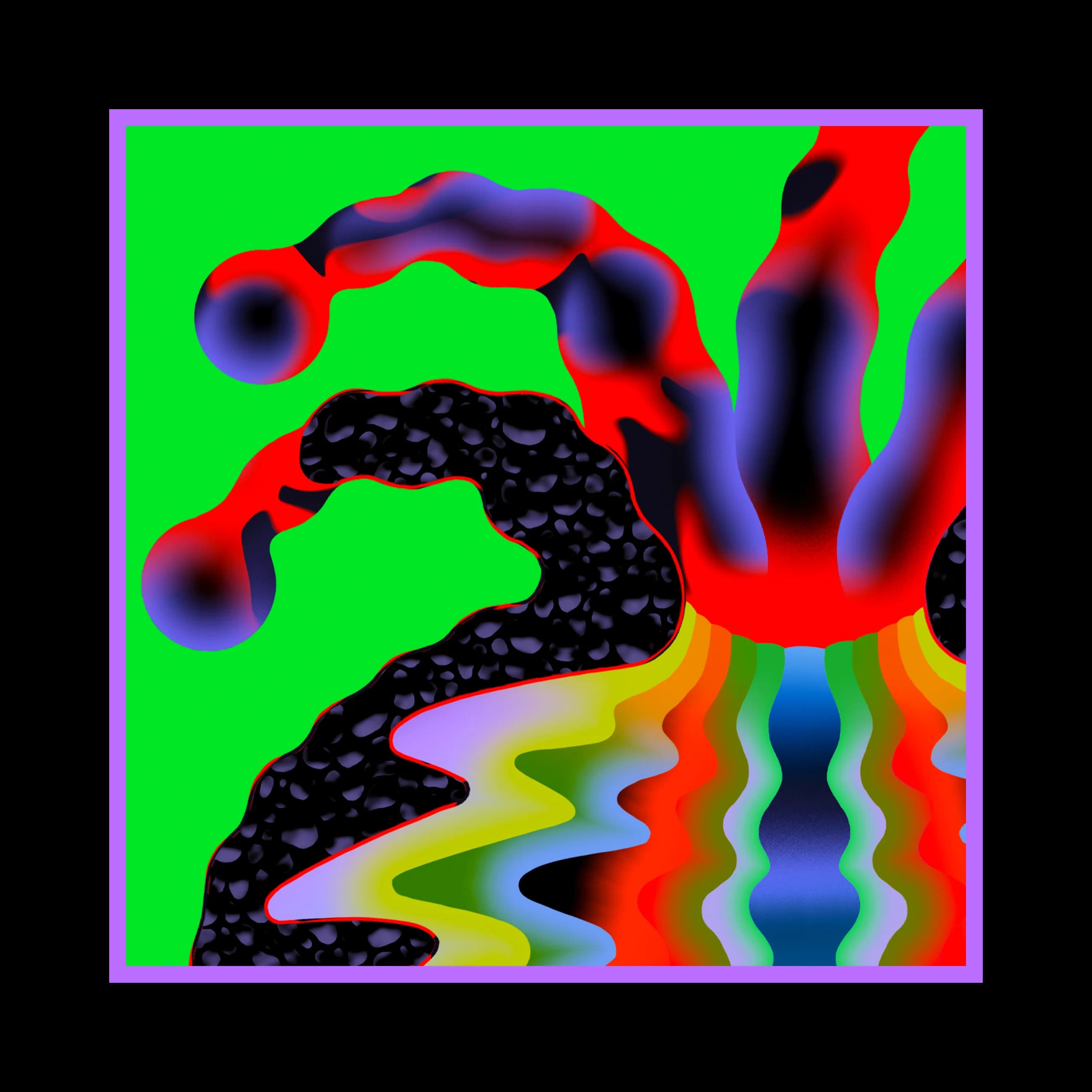 Abstract art with biomorphic shapes in red, black, and purple against a bright green background. Rainbow gradient waves ripple across the bottom. Lavender border.