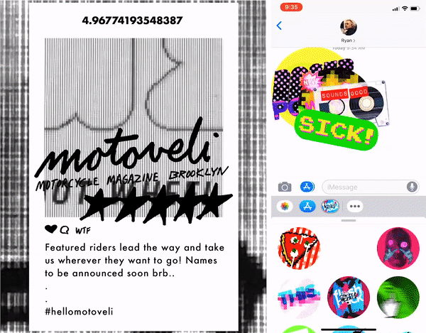 Motoveli Magazine's Instagram post announces featured riders in upcoming issues. A text message screenshot shows a "sounds good," "sick" sticker reply.