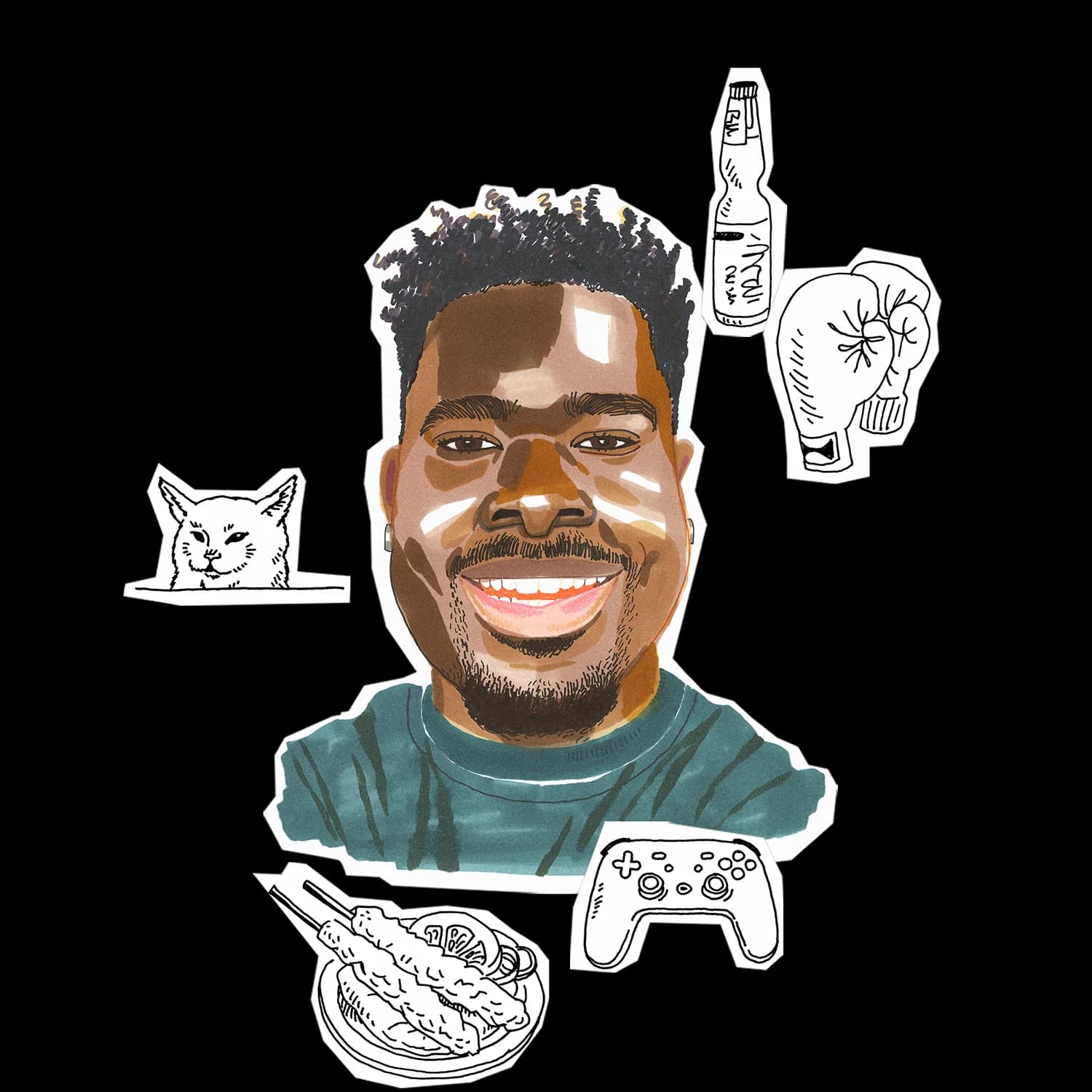 Caricature of a smiling man wearing a teal shirt. Around him are drawings of a cat, boxing glove, bottle, video game controller, and kebabs.