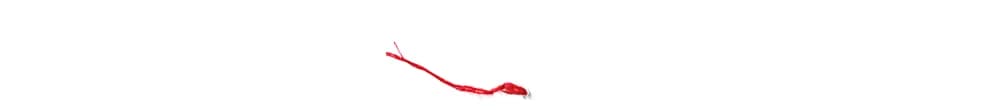 A thin, red piece of string floats down against a white background.