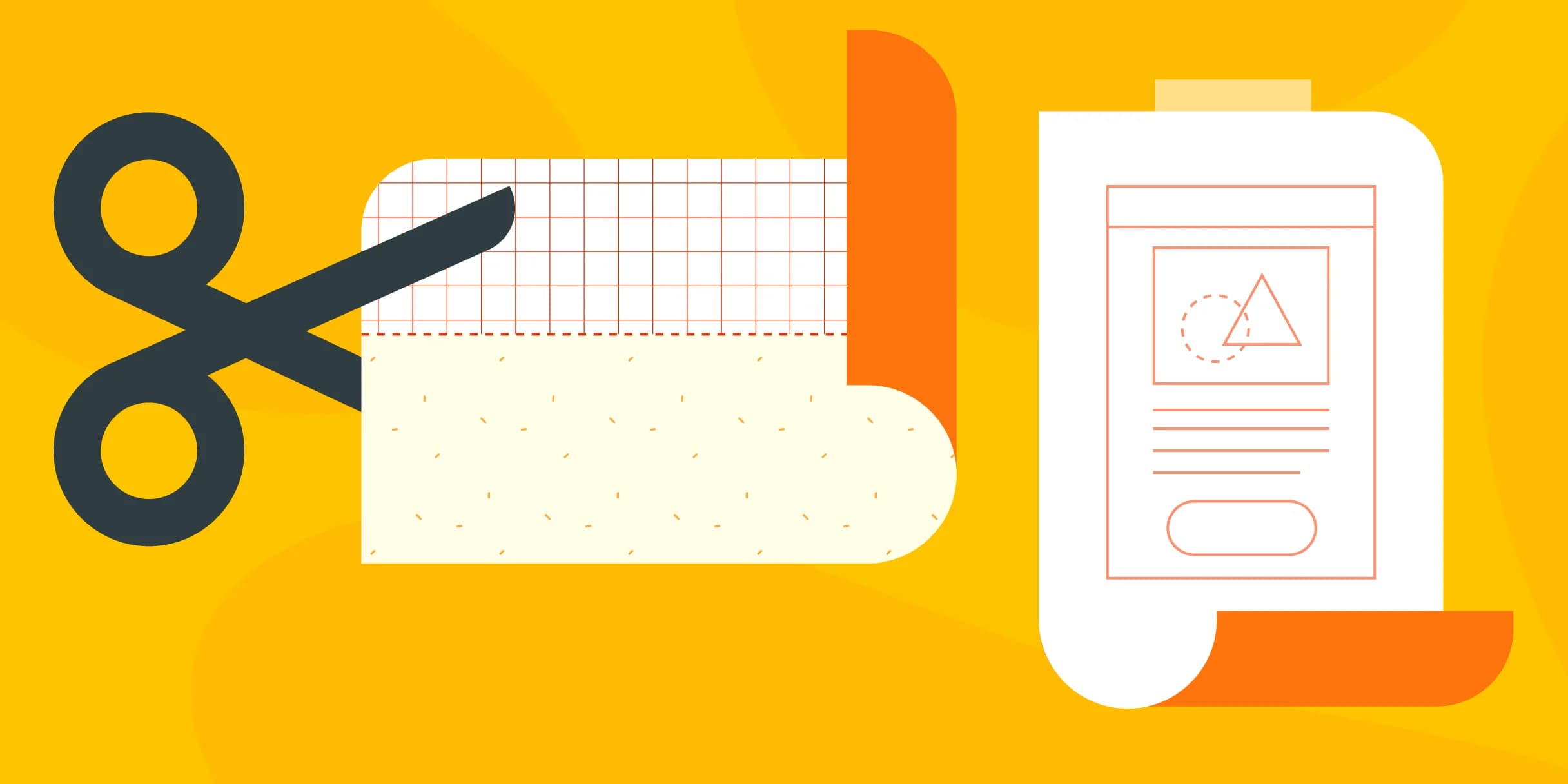 Scissors cut a gridded sheet. Beside it, a mockup of a simple webpage design is taped to a curved white surface.