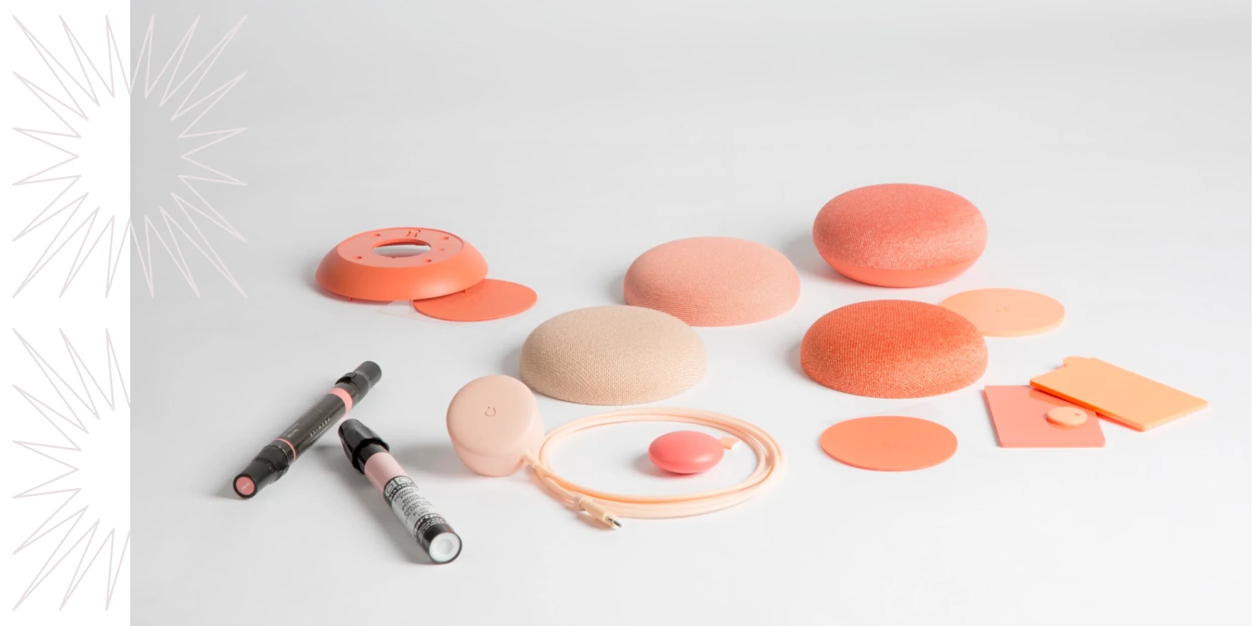Coral-colored Google Home Mini smart speaker components, including fabric, plastic, and Pantone markers, arranged on a white surface.